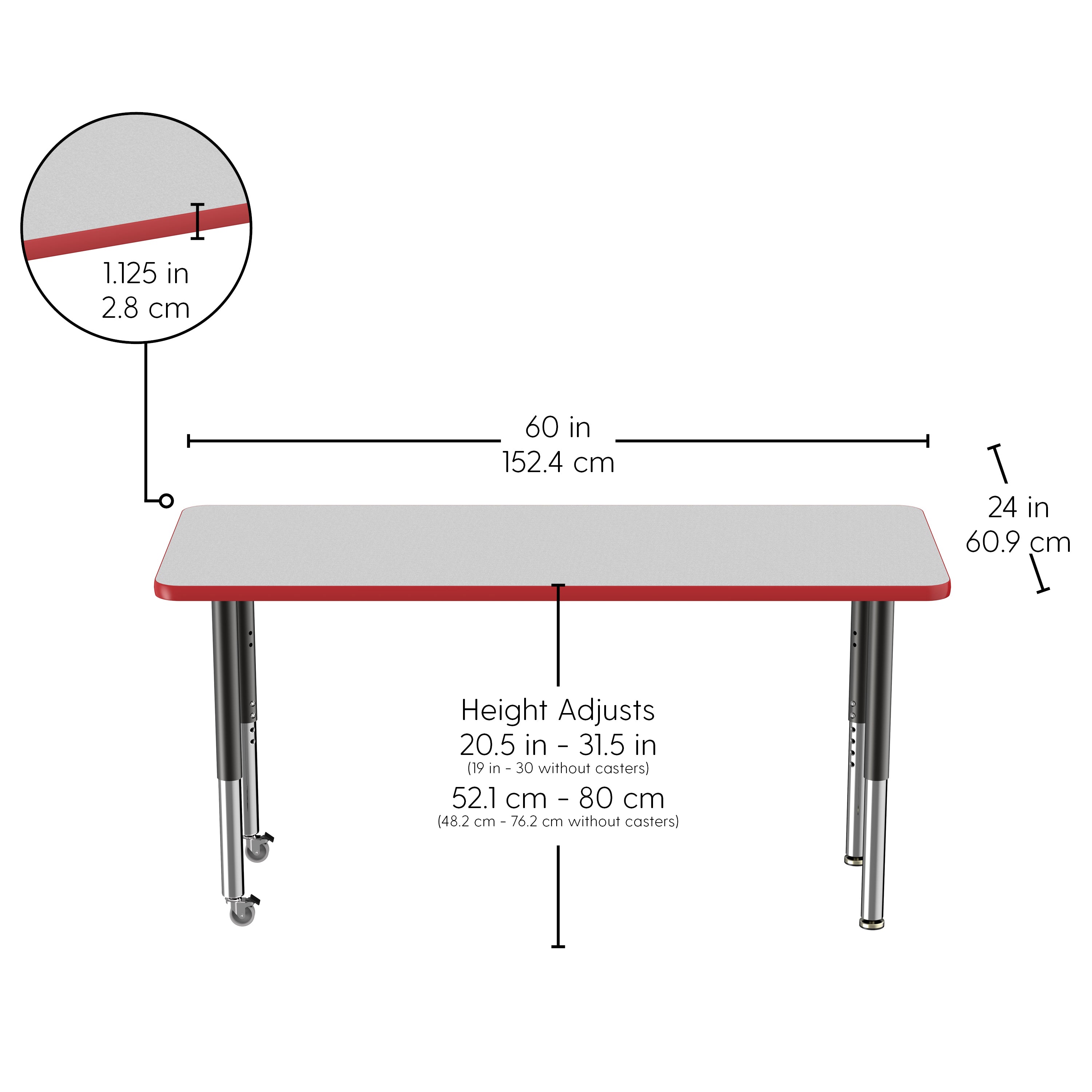 24" x 60" Rectangle T-Molding Activity Table with Adjustable Super Legs - Gray/Red/Black