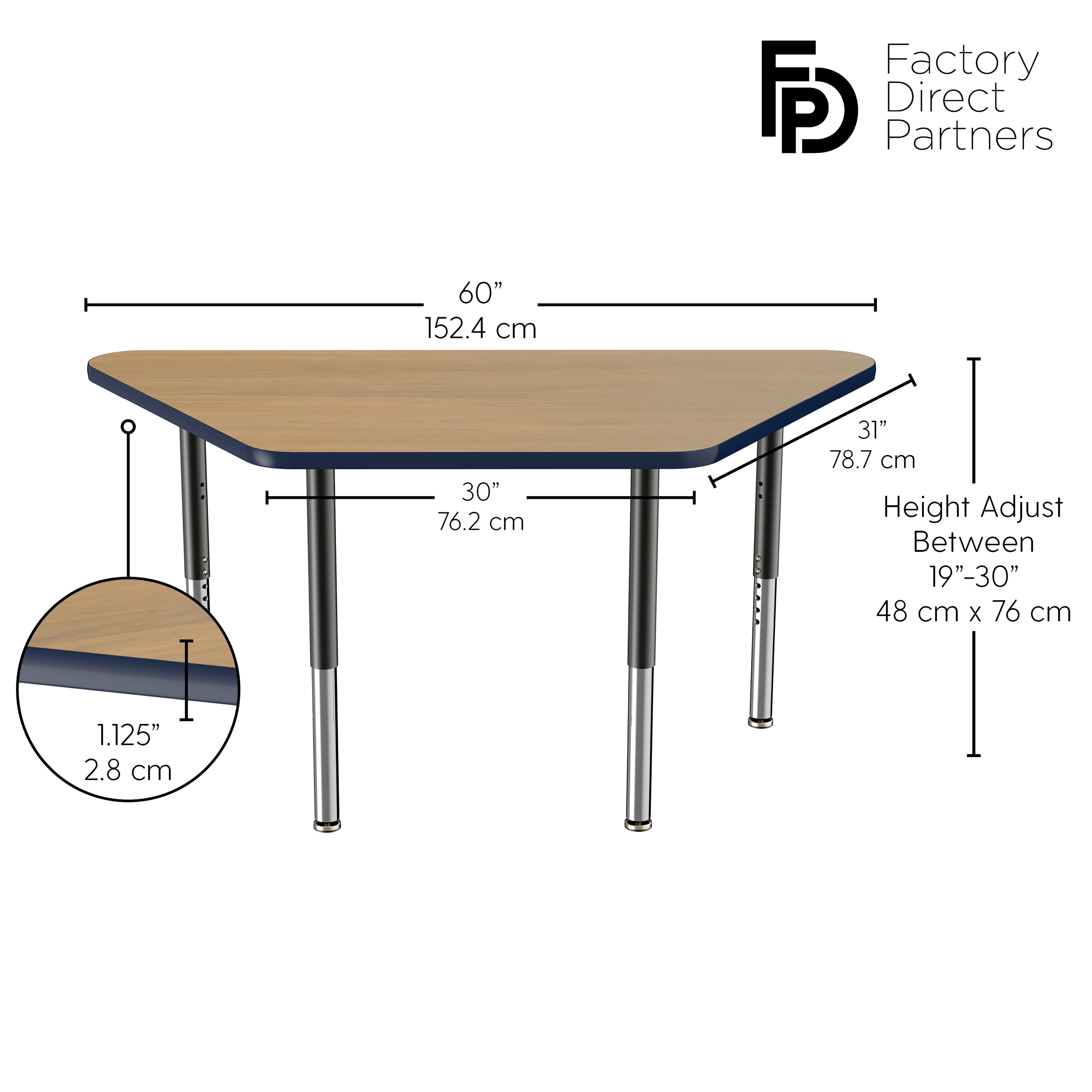 30" x 60" Trapezoid T-Molding Activity Table with Adjustable Super Legs - Pasadena Oak/Navy/Black