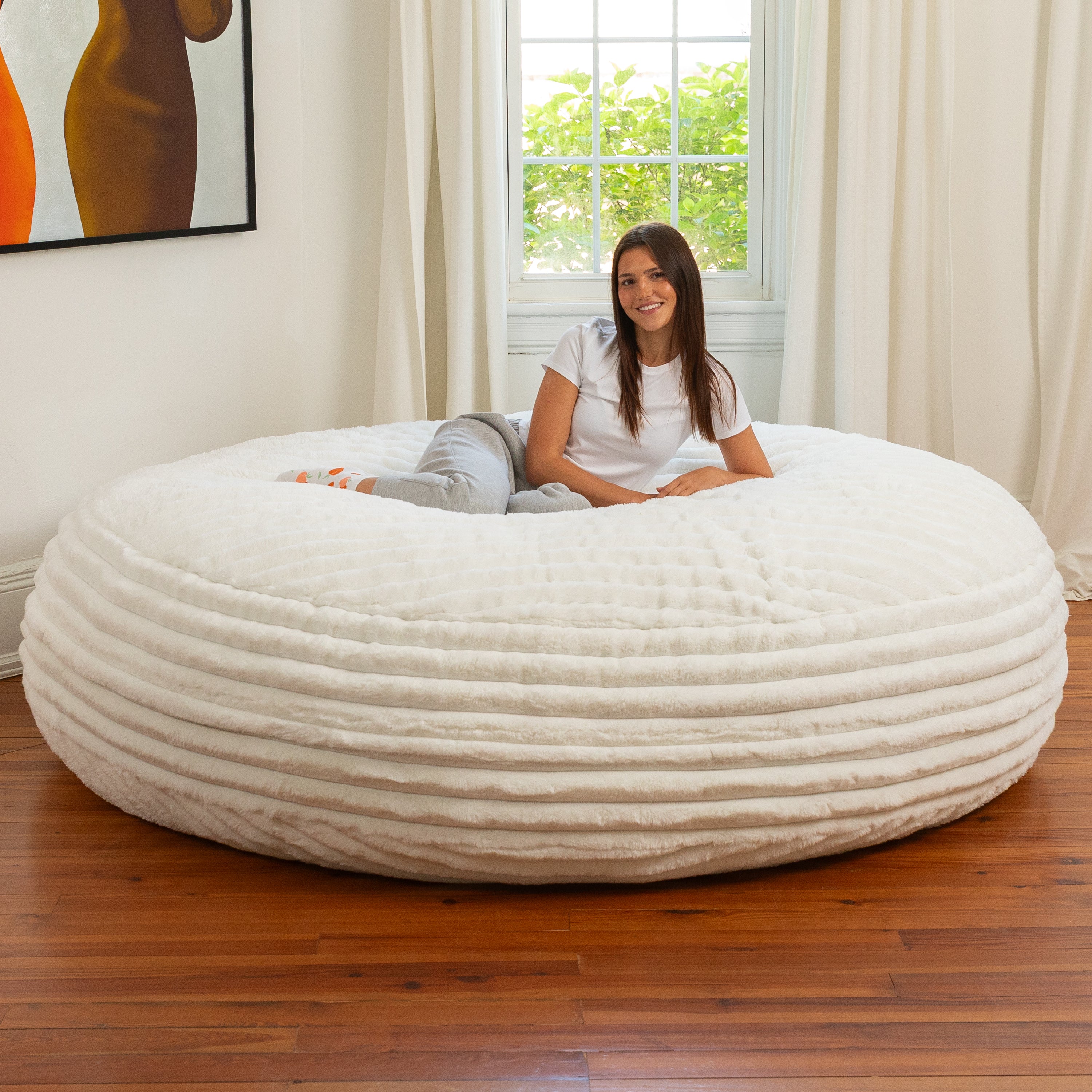 Jaxx Cocoon Bean Bag Bed for Adults - 2-in-1 Giant Bean Bag Sleeper and Convertible Lounger - Made in the USA - 6 Foot, Mondo Fur Ivory