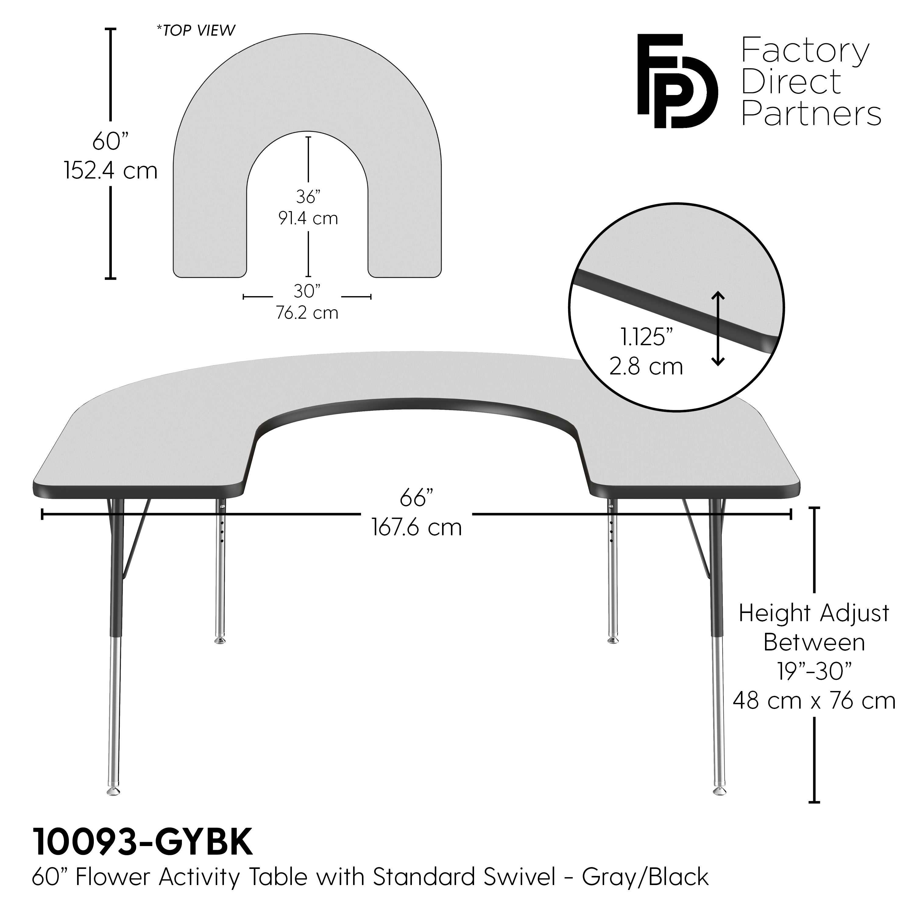 60" x 66" Horseshoe T-Molding Activity Table with Adjustable Standard Swivel Glide Legs - Gray/Black
