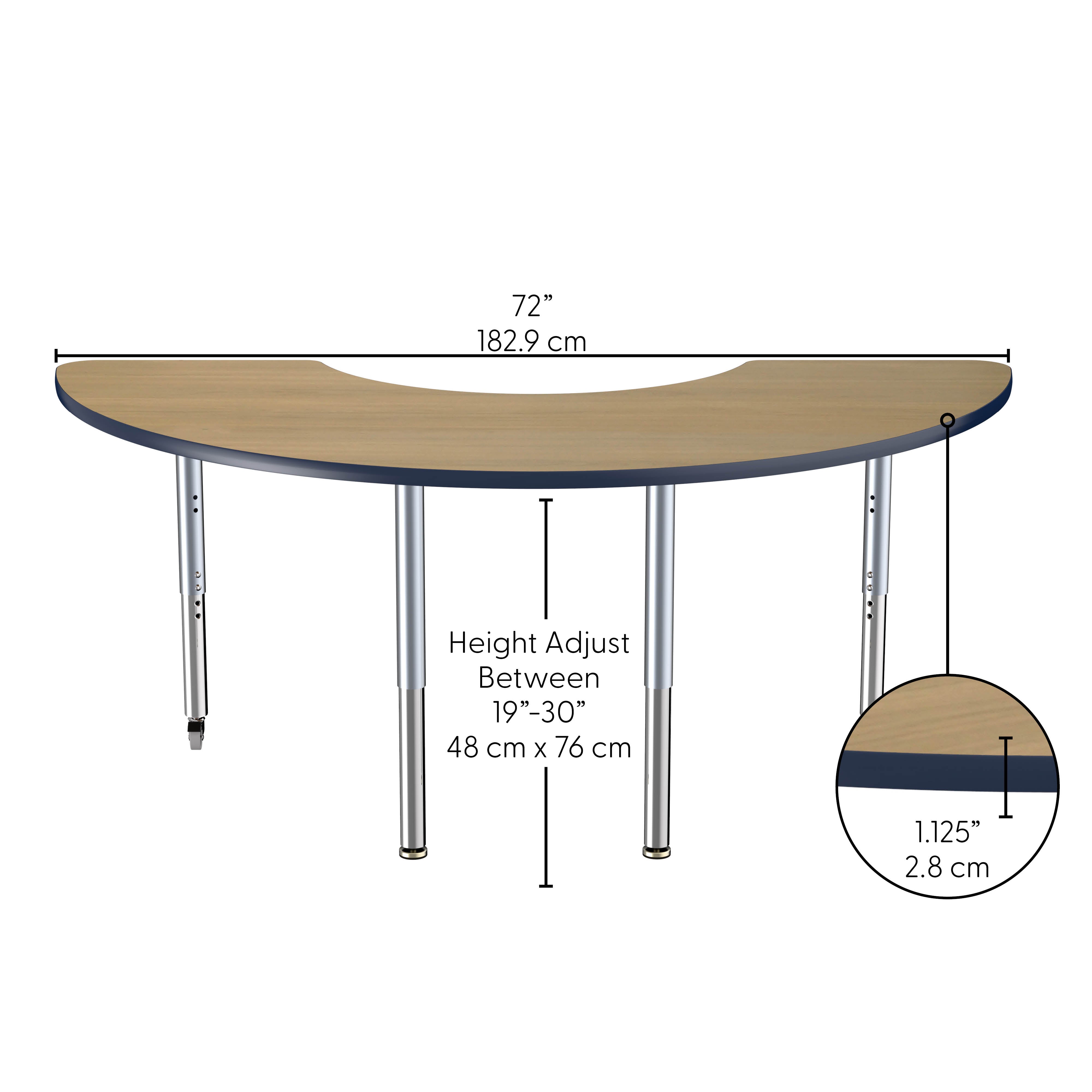 36" x 72" Half Moon Thermofused Activity Table with Adjustable Super Legs - Pasadena Oak/Navy/Silver