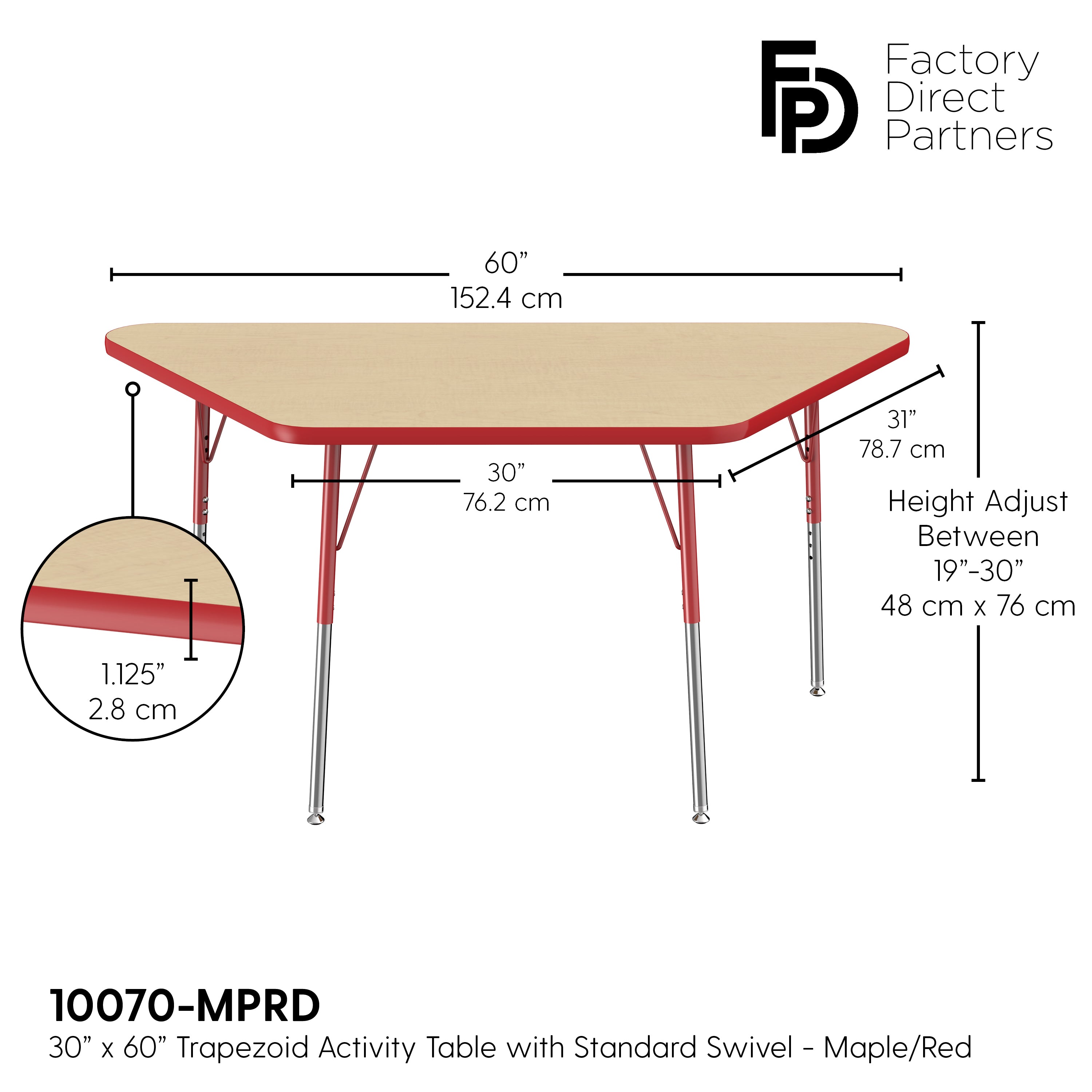 30" x 60" Trapezoid T-Molding Activity Table with Adjustable Standard Swivel Glide Legs - Maple/Red