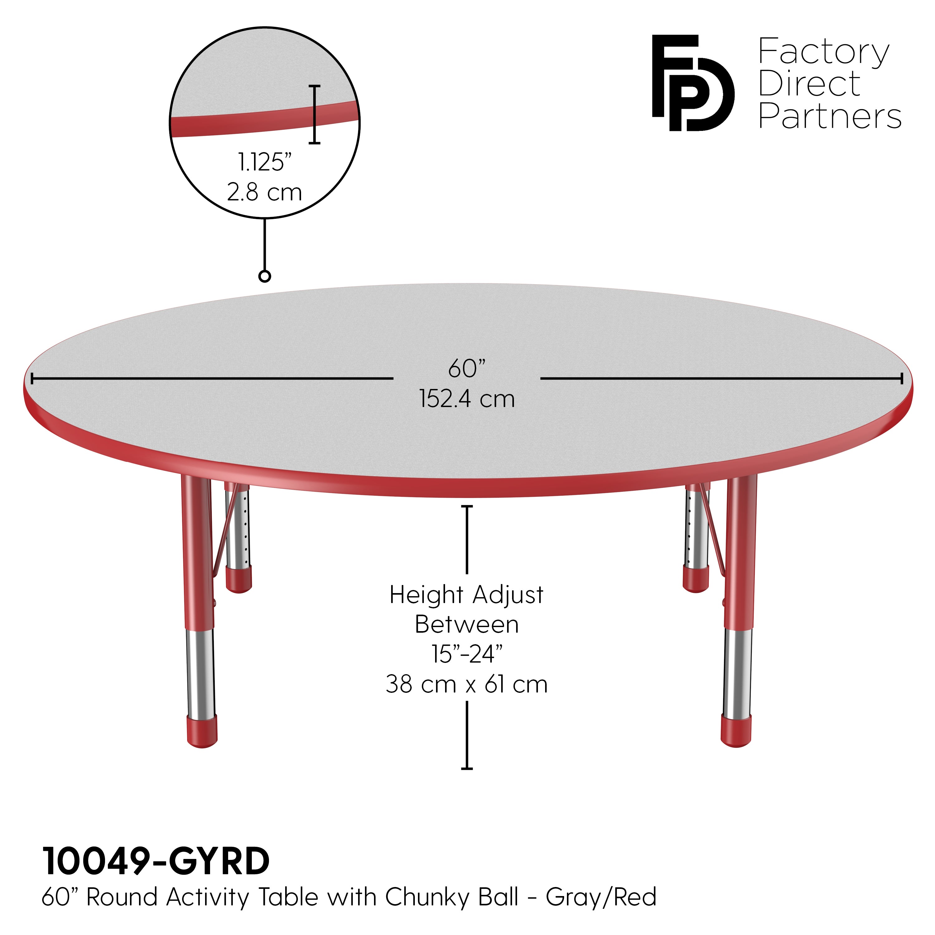 60" Round T-Molding Activity Table with Adjustable Chunky Legs - Gray/Red