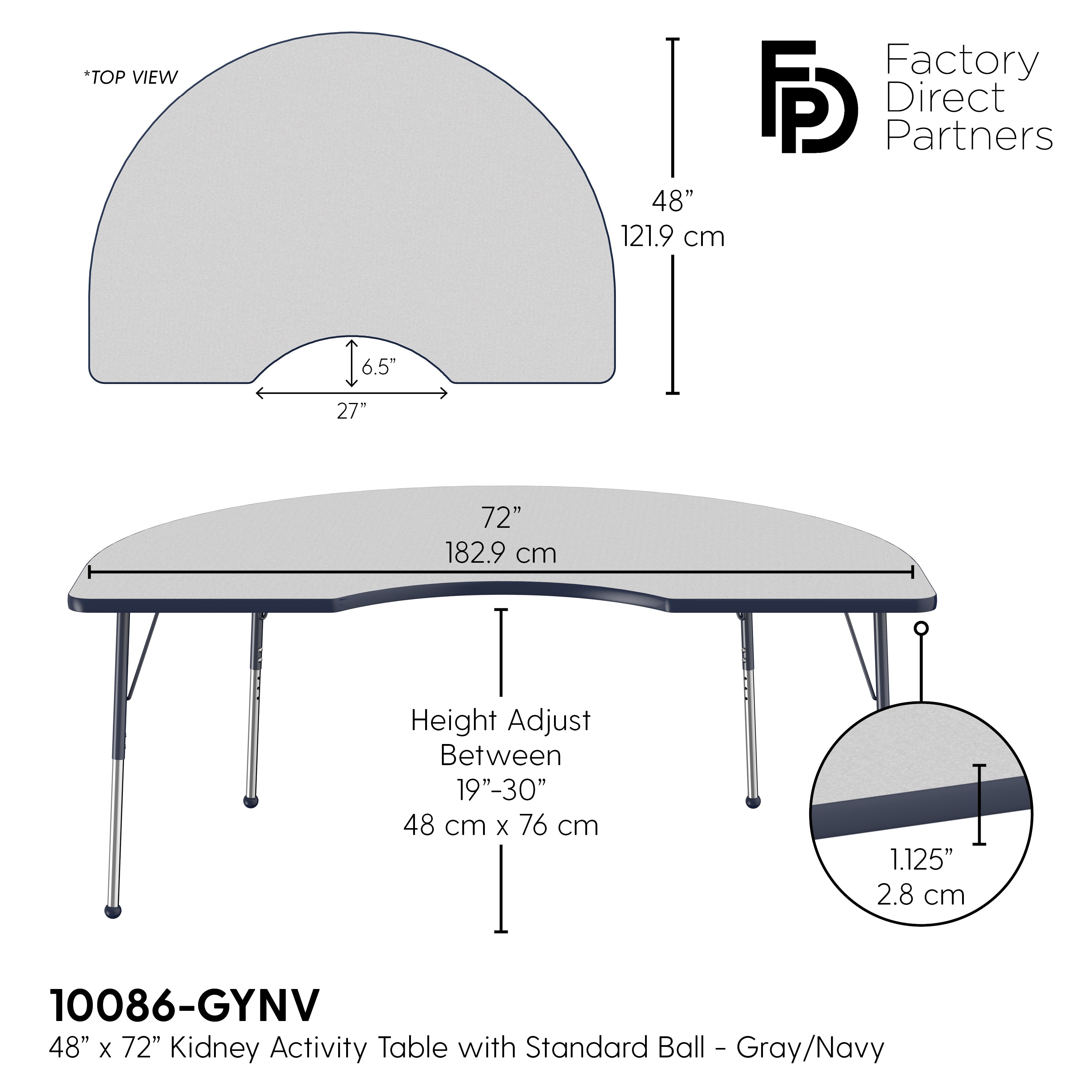 48" x 72" Kidney T-Molding Activity Table with Adjustable Standard Ball Glide Legs - Gray/Navy
