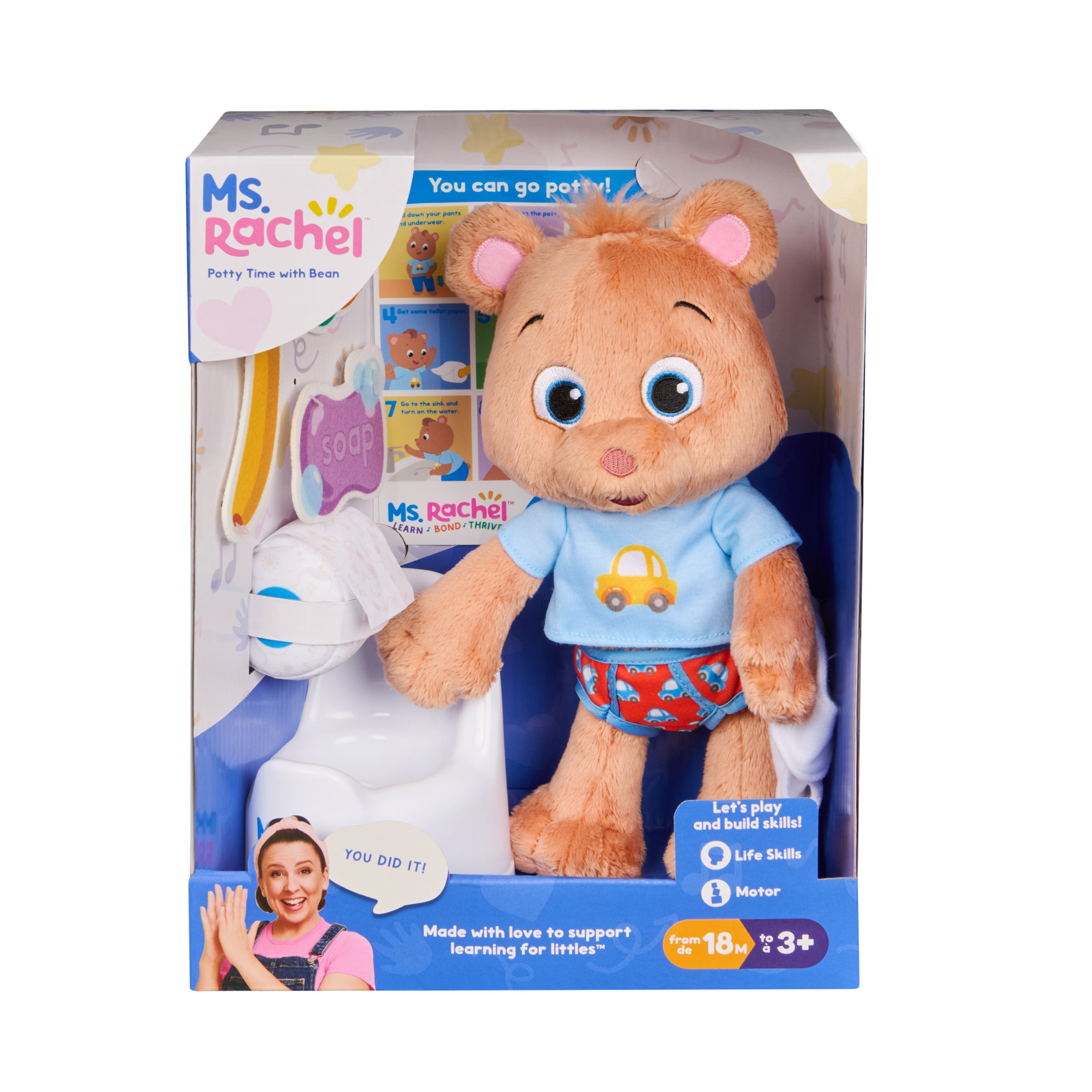 Ms. Rachel Potty Time with Bean, 11” Plush Teddy Bear with Play Toilet & Accessories, Toddler Toys for Girls & Boys for Ages 18 Months to 3+