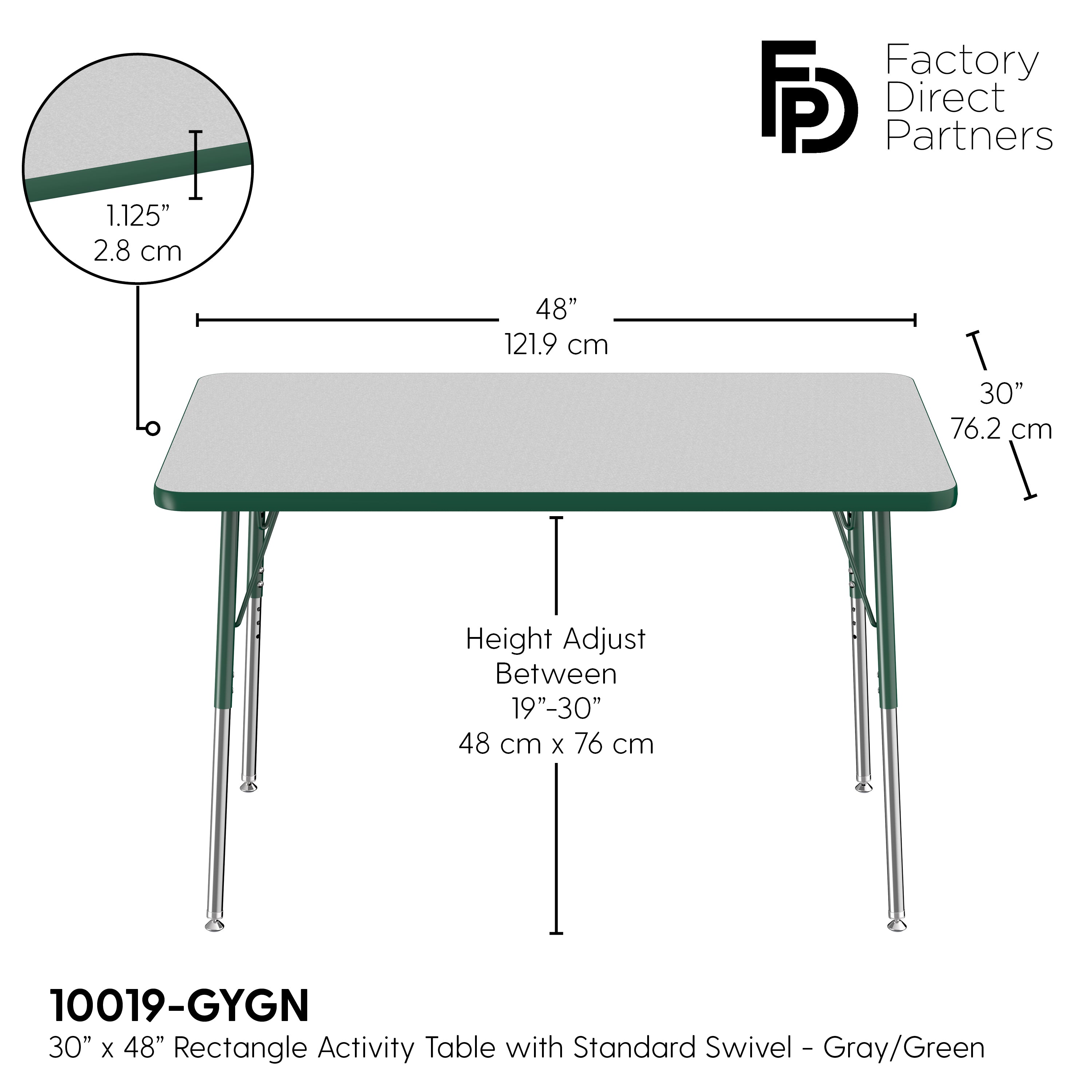 30" x 48" Rectangle T-Molding Activity Table with Adjustable Standard Swivel Glide Legs - Gray/Green