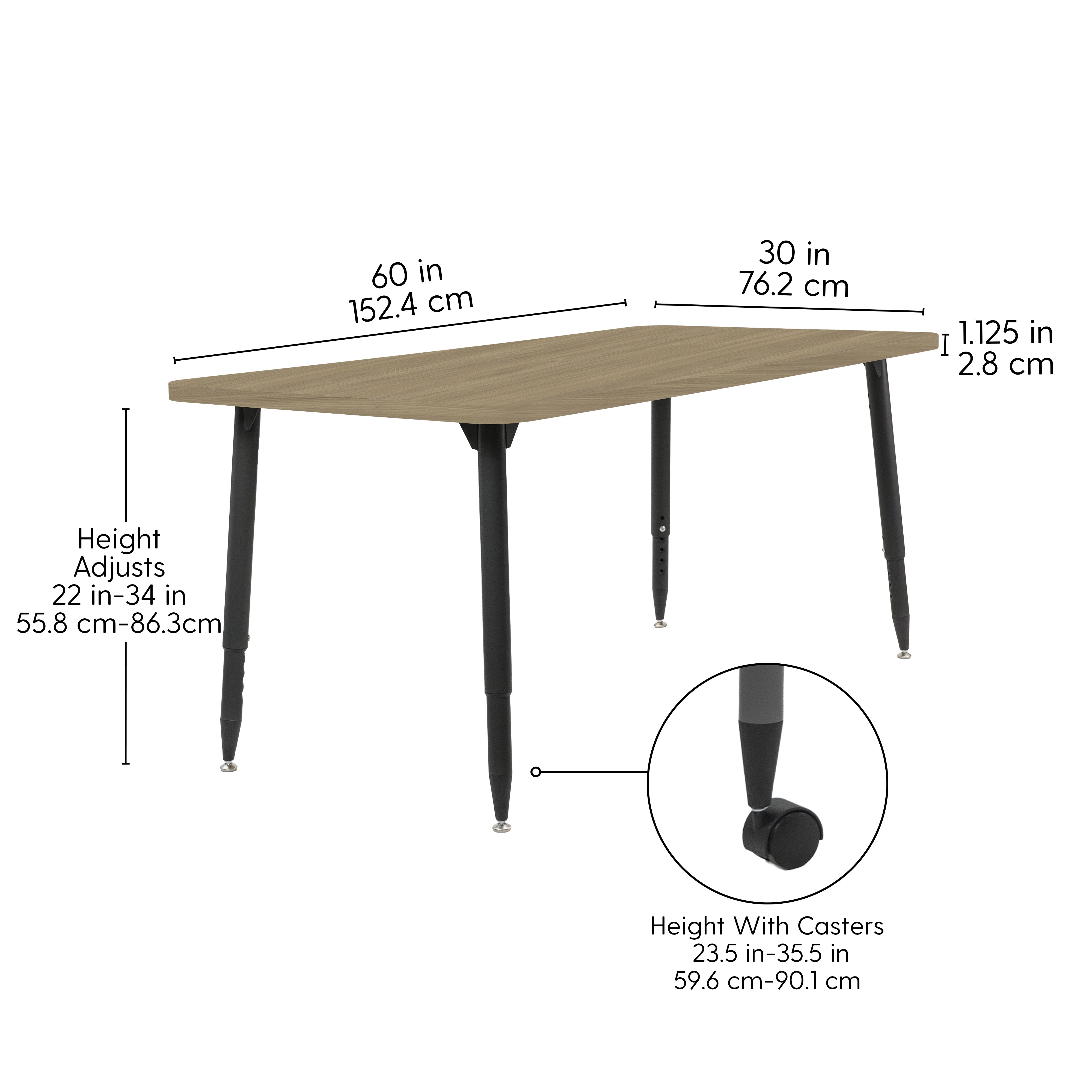Adapte 30" x 60" Rectangle Woodgrain Activity Table with Adjustable Tapered Legs - Pasadena Oak/Black