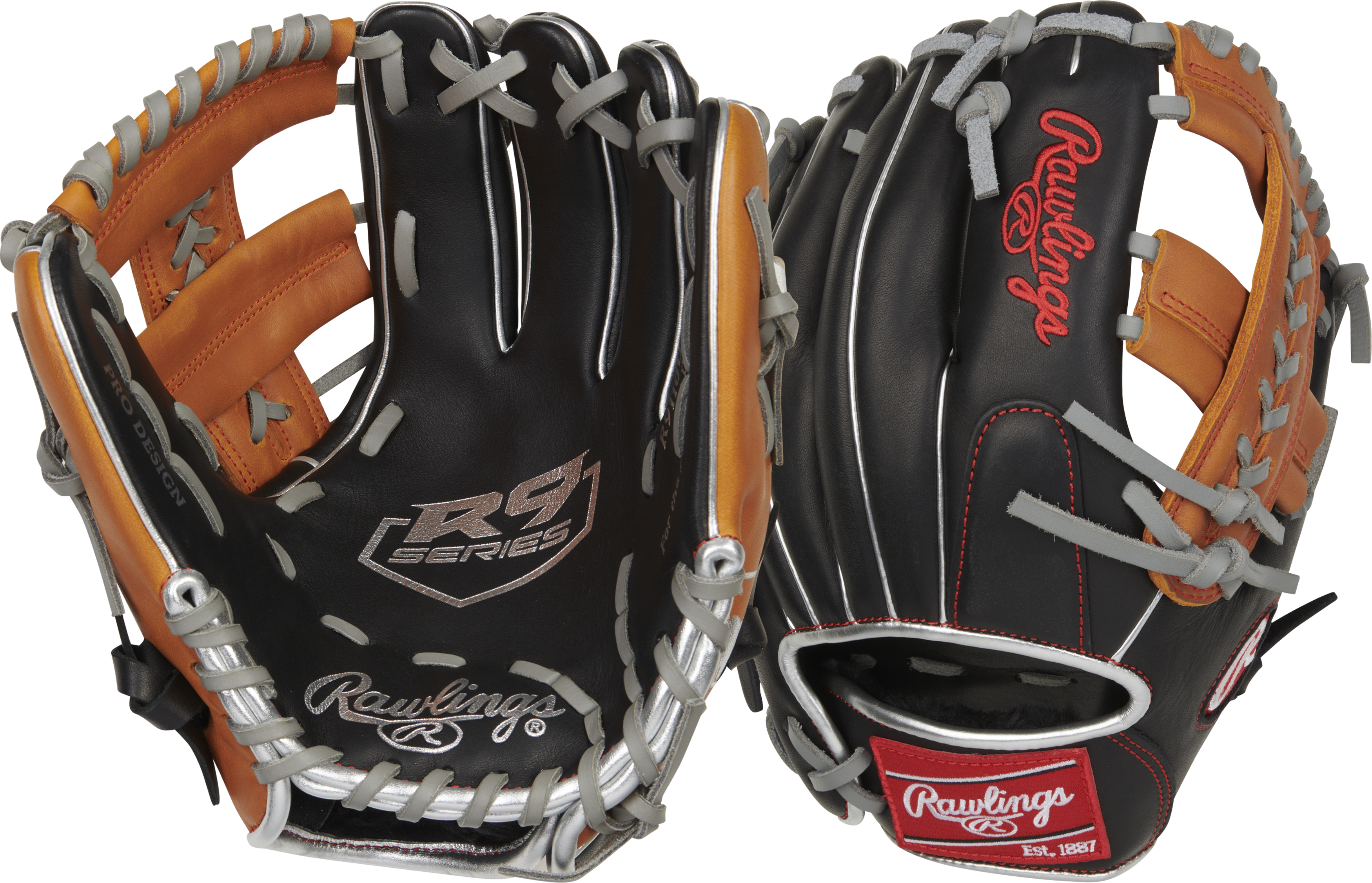 Rawlings R9 Baseball Contour Series 11-Inch Baseball Glove - Right Hand Thrower - Black/Tan