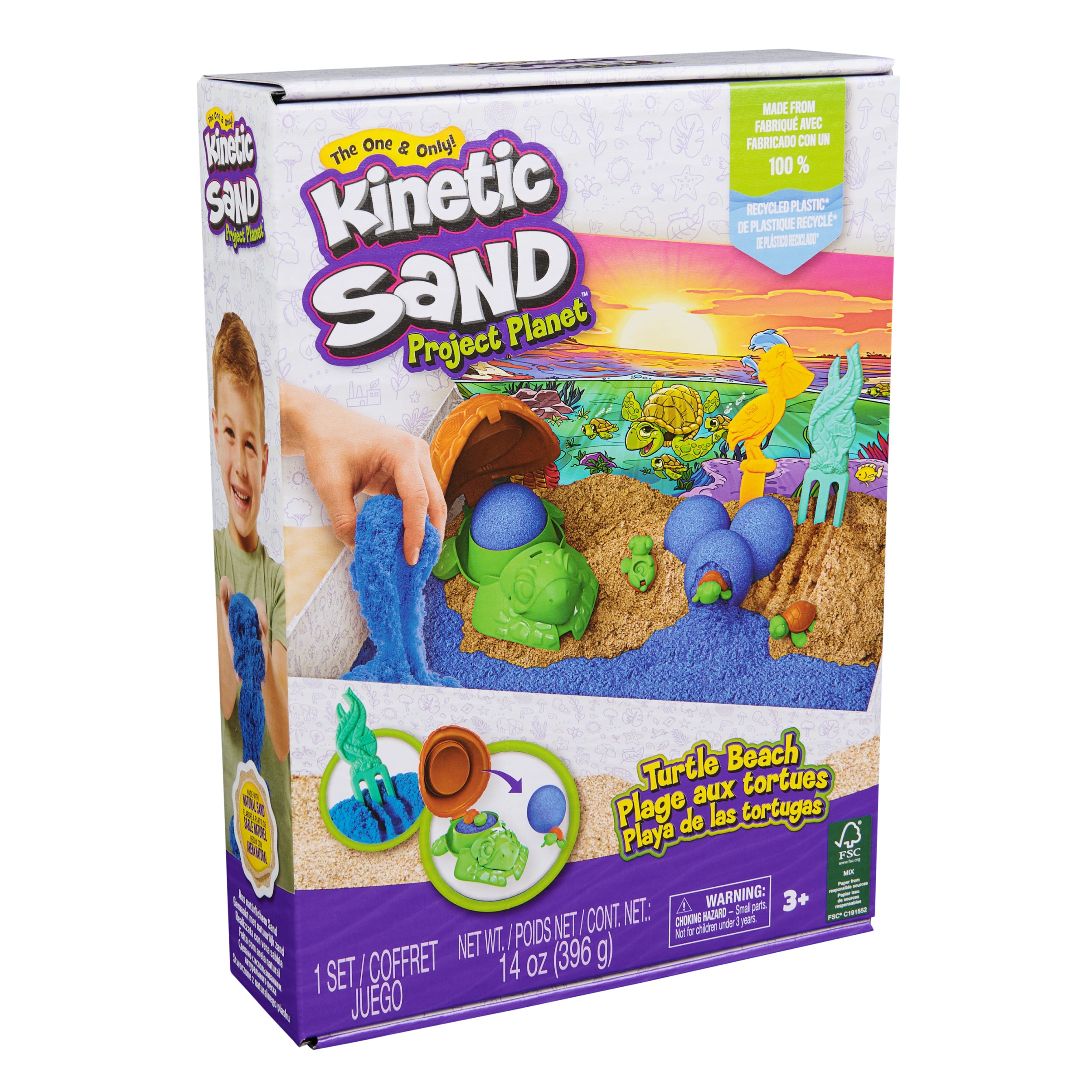 Kinetic Sand, Project Planet Turtle Beach with 14oz Play Sand, Tools & Molds, Sustainably Minded Eco Friendly Materials, Sensory Toys for Kids