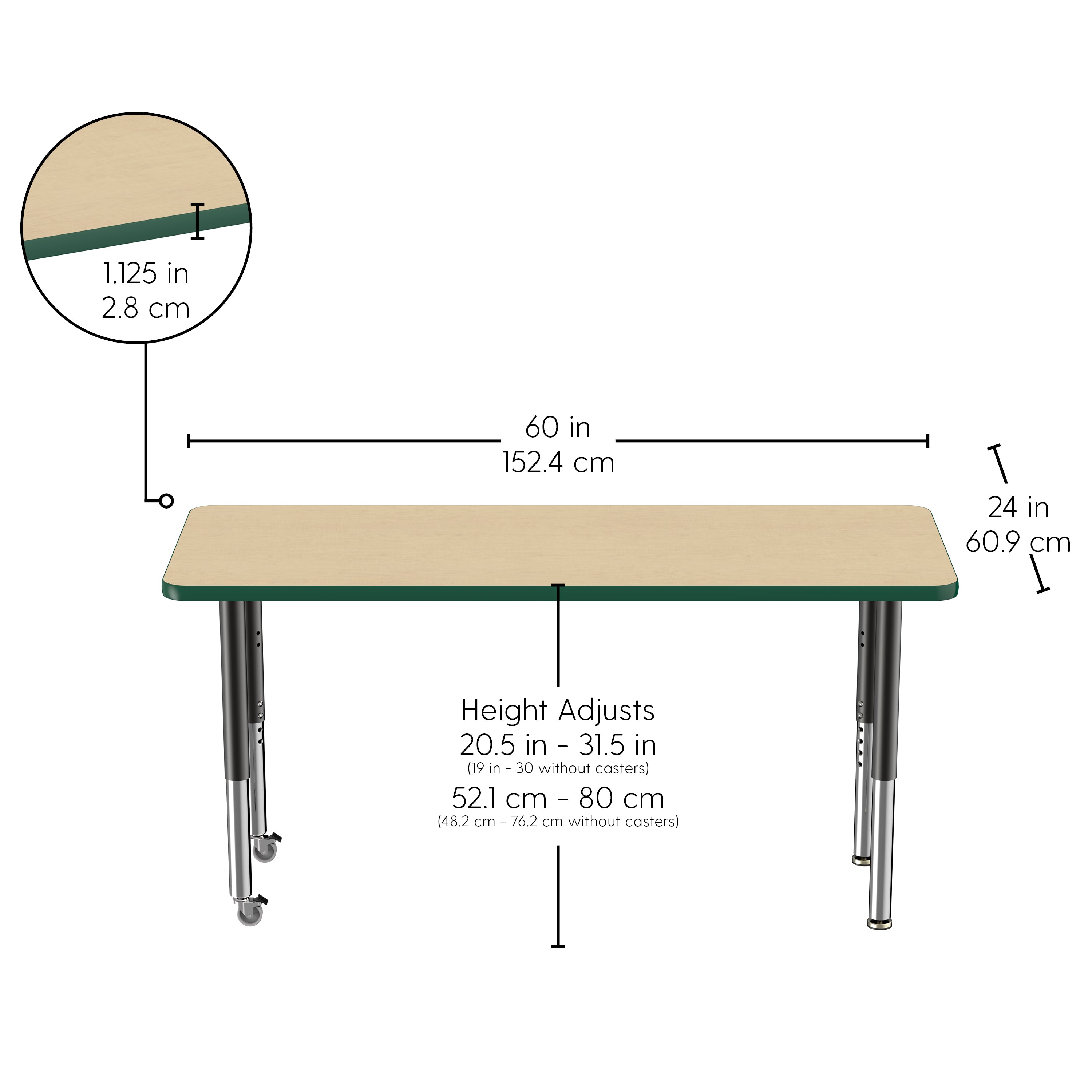 24" x 60" Rectangle T-Molding Activity Table with Adjustable Super Legs - Maple/Green/Black