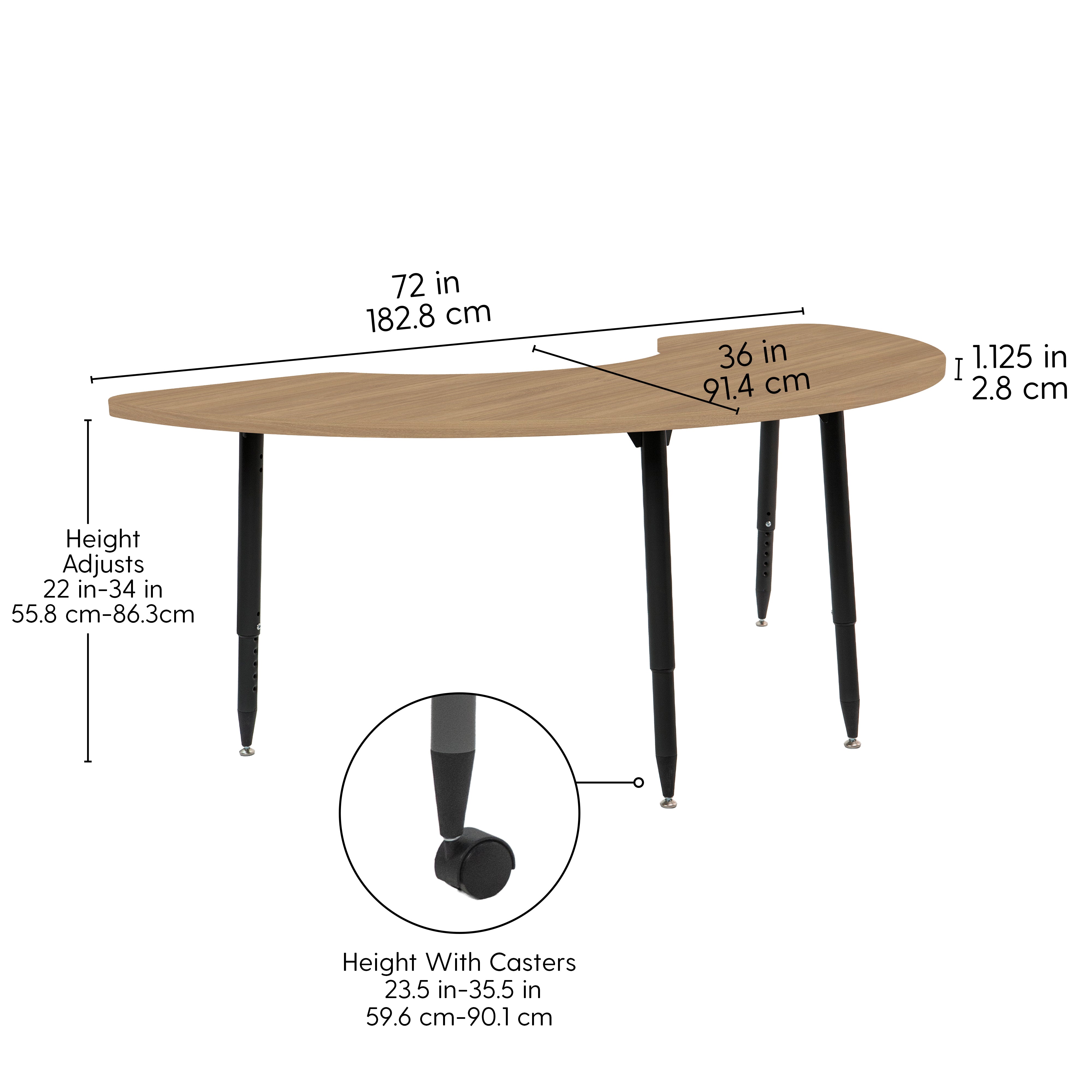 Adapte 36" x 72" Half Moon Woodgrain Activity Table with Adjustable Tapered Legs - Pasadena Oak/Black