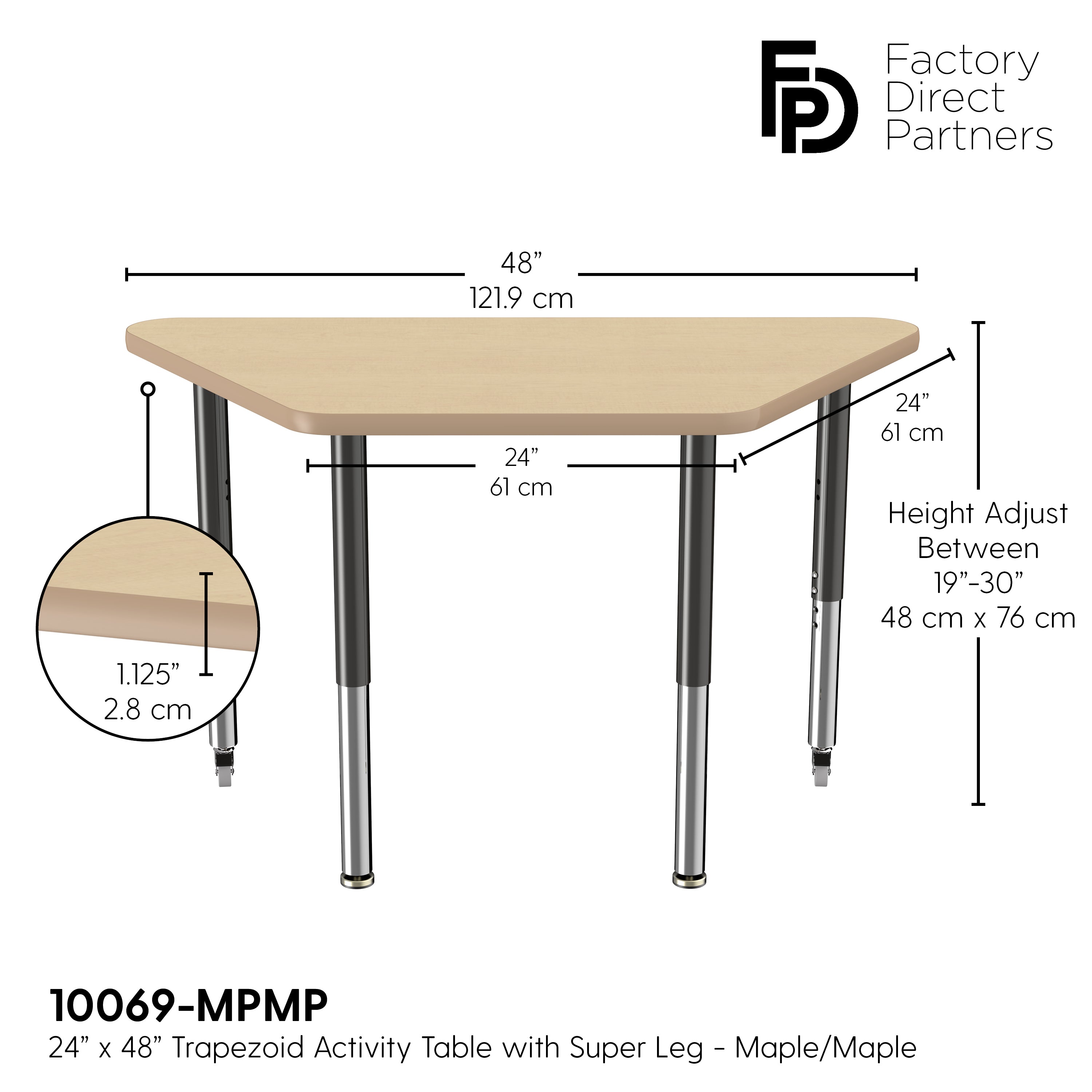 24" x 48" Trapezoid T-Molding Activity Table with Adjustable Super Legs - Maple/Maple/Black