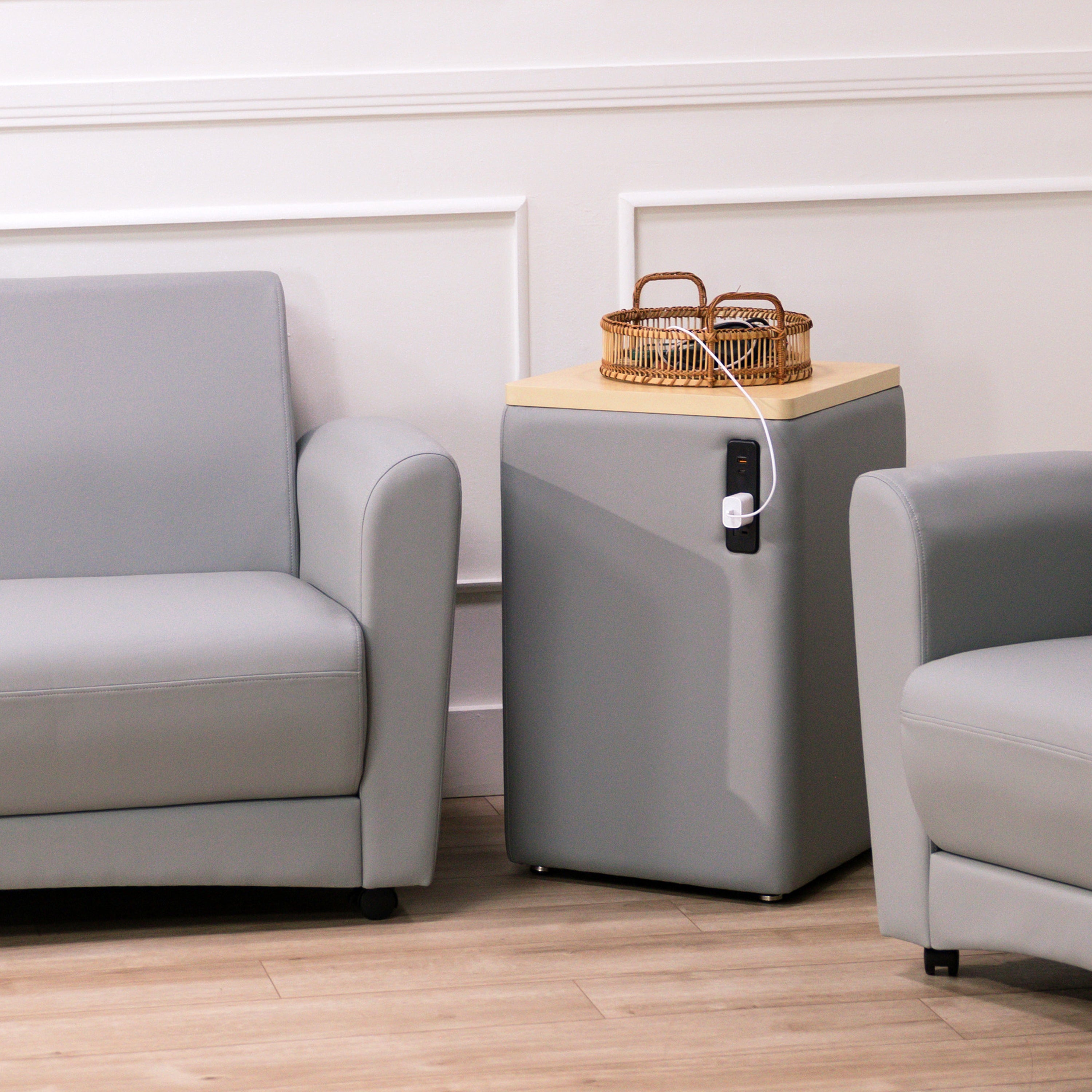 Pro Series Upholstered 18" x 18" Square Ottoman Table with Tech Panel 28" Height - Gray/Maple