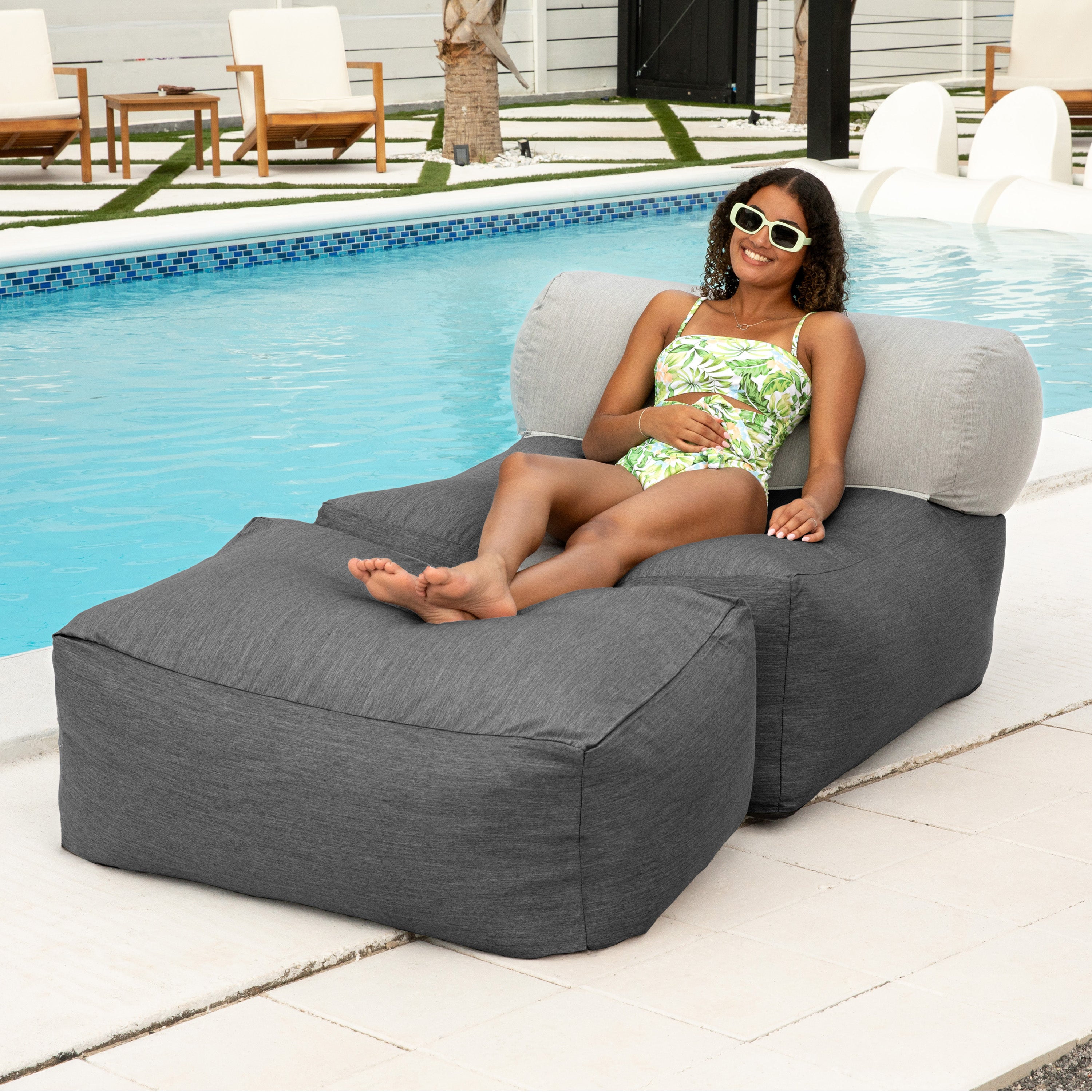 Jaxx Tybee Large Outdoor Lounge w/ Bolster and Ottoman - Sunbrella Charcoal