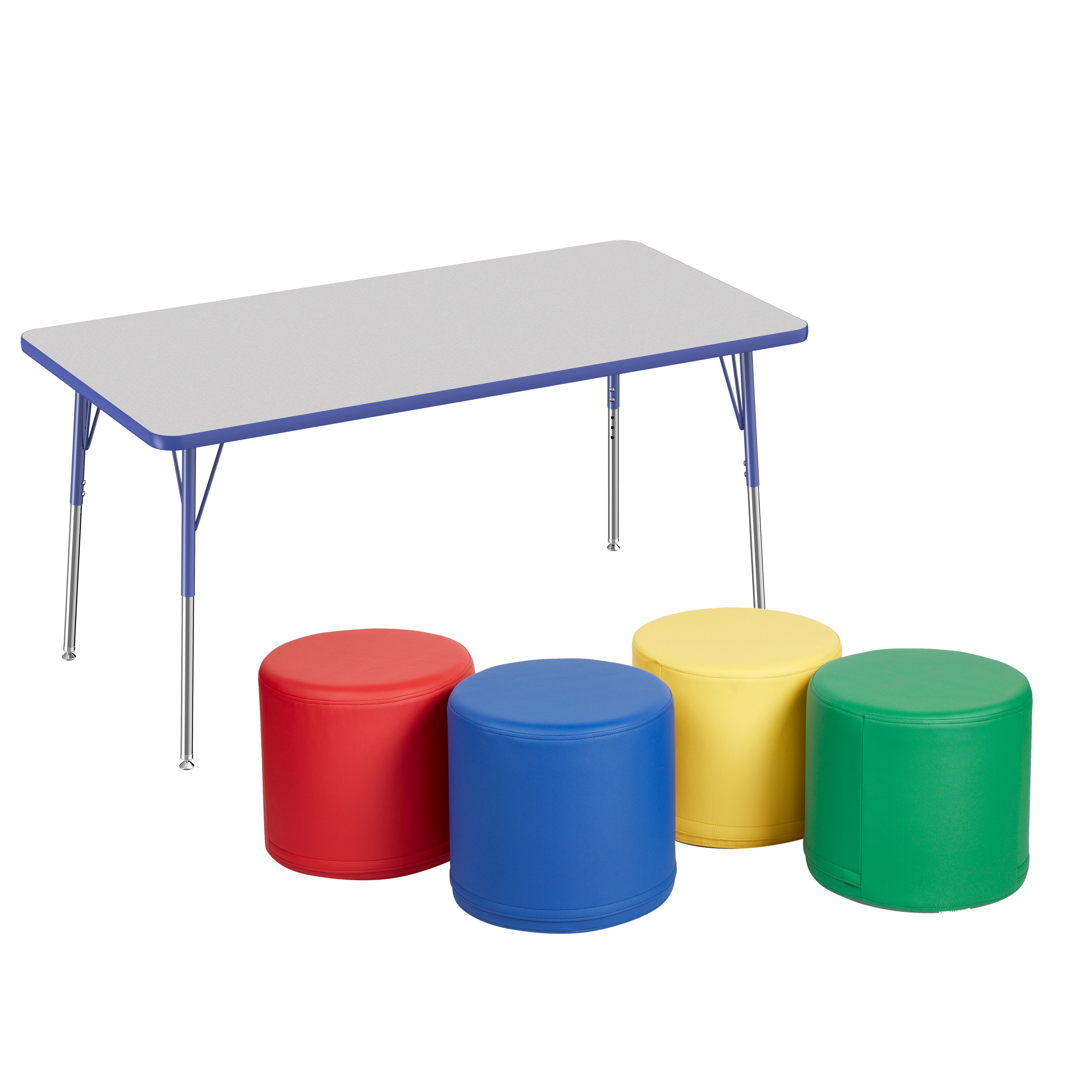 30" x 60" Rectangle T-Molding Activity Table with Standard Swivel Legs and Round Ottomans 16" Height, 5-Piece Set - Gray/Blue/Assorted