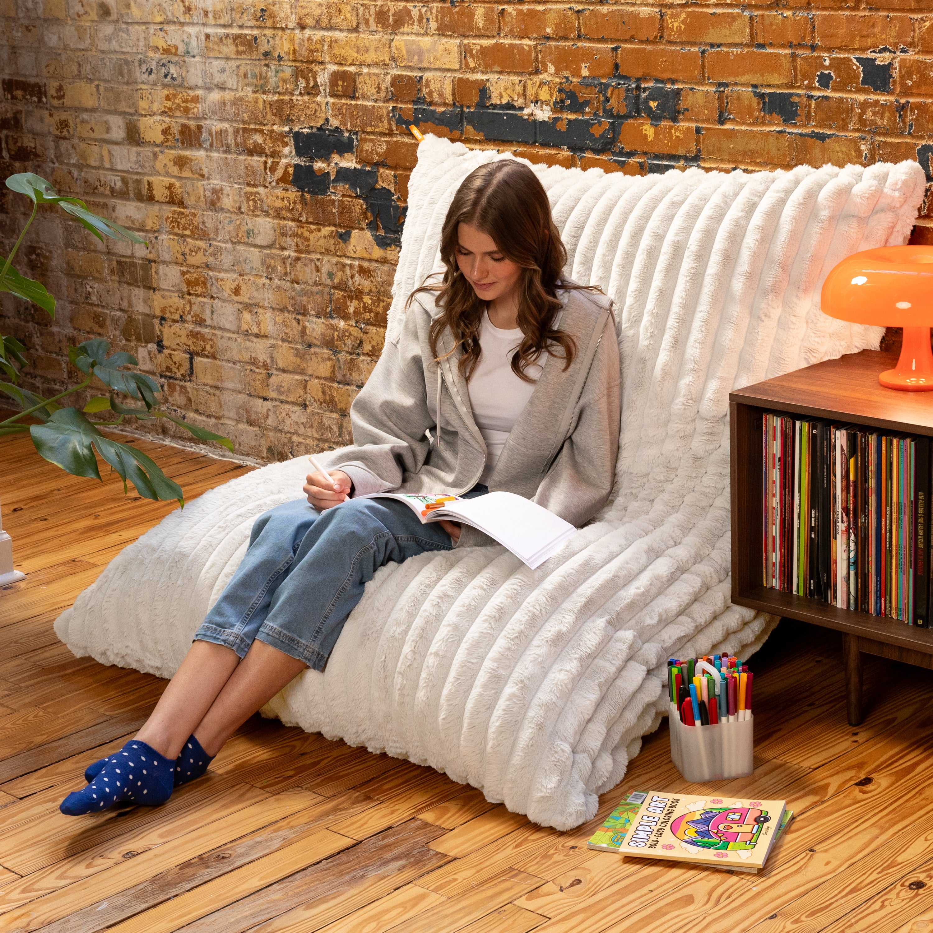 Pillow Saxx Bean Bag Rocking Chair - Elegant Oversized Rocker with Modern Wood Frame, Mondo Fur Ivory