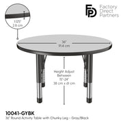 36" Round T-Molding Activity Table with Adjustable Chunky Legs - Gray/Black