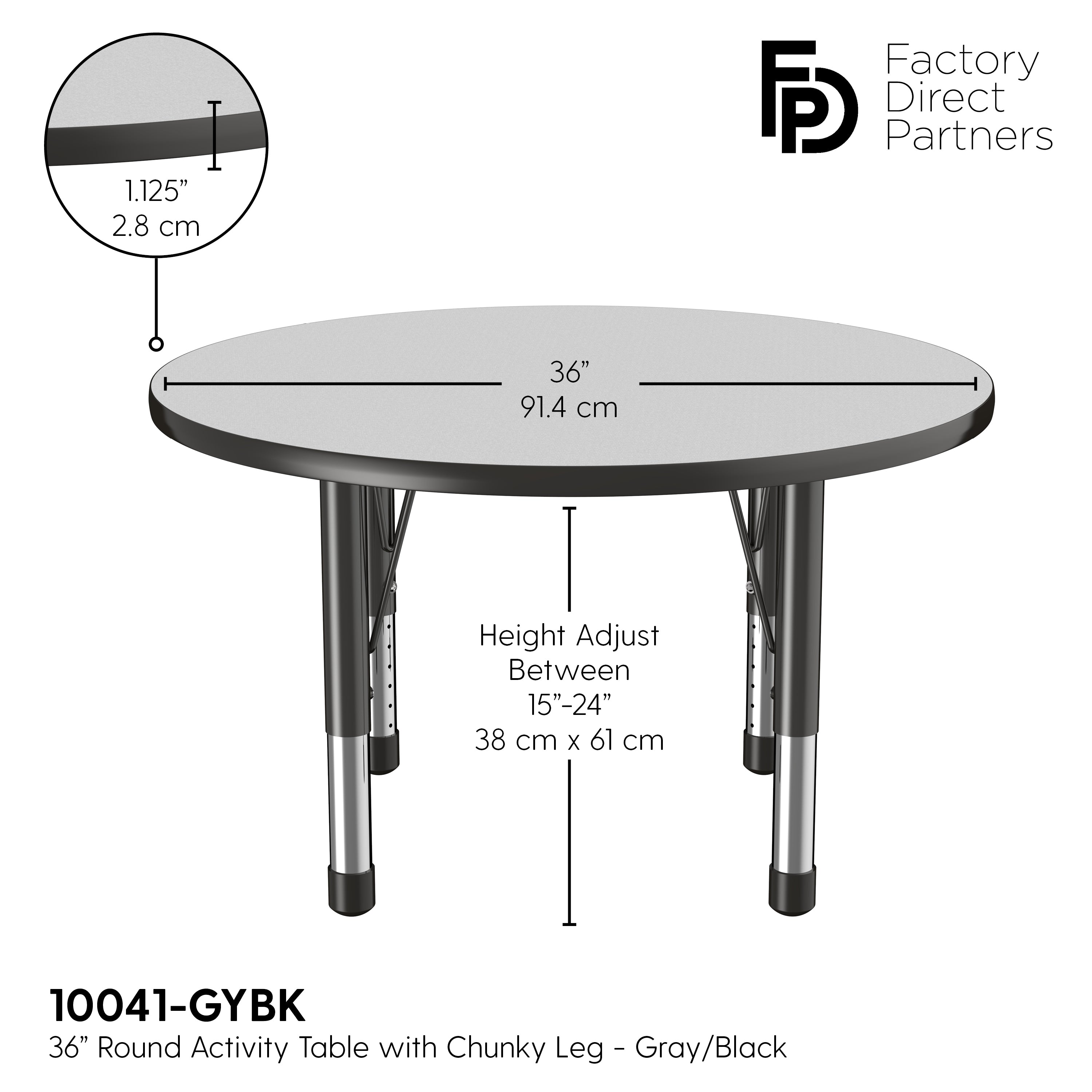 36" Round T-Molding Activity Table with Adjustable Chunky Legs - Gray/Black