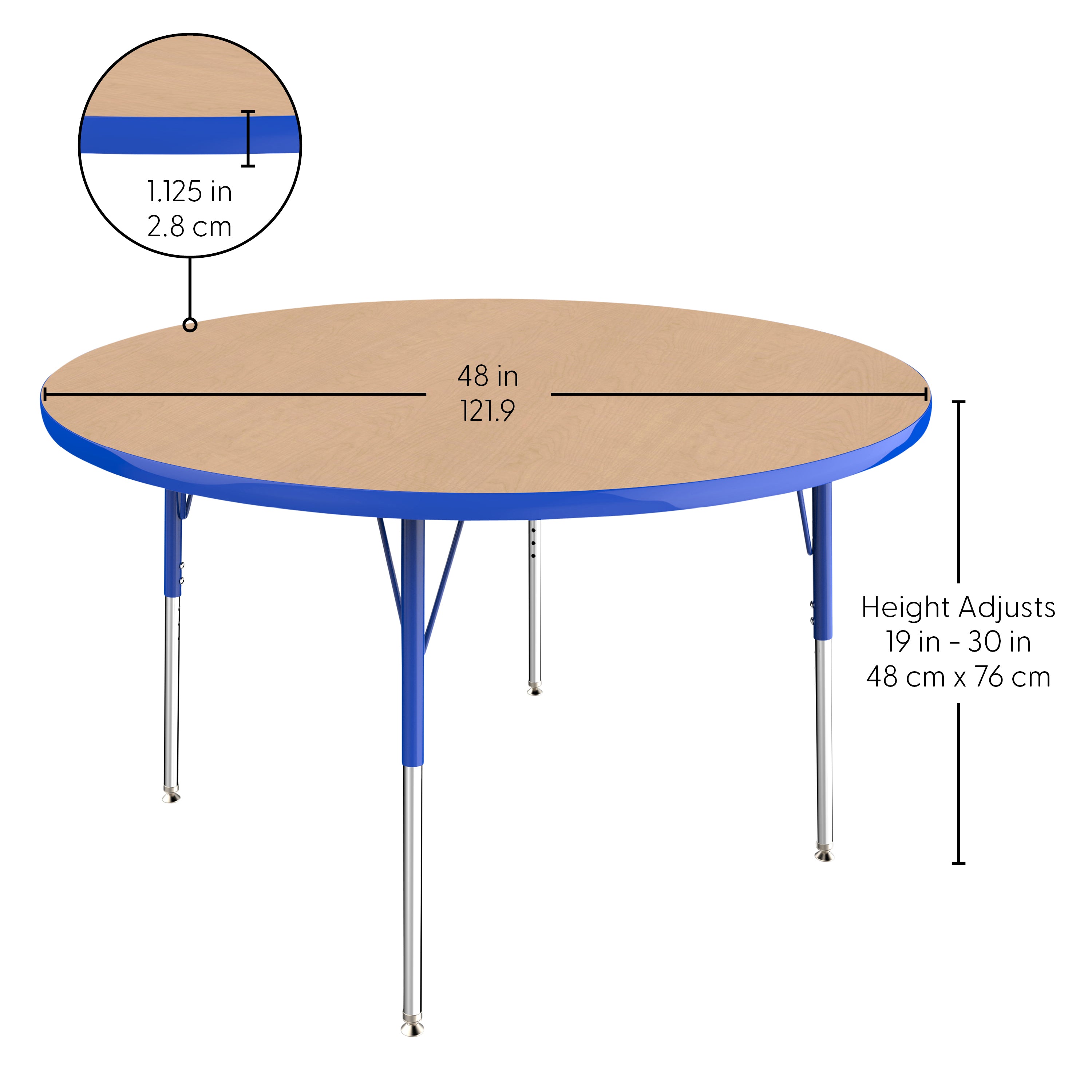 48" Round T-Molding Activity Table with Adjustable Standard Swivel Glide Legs - Maple/Blue