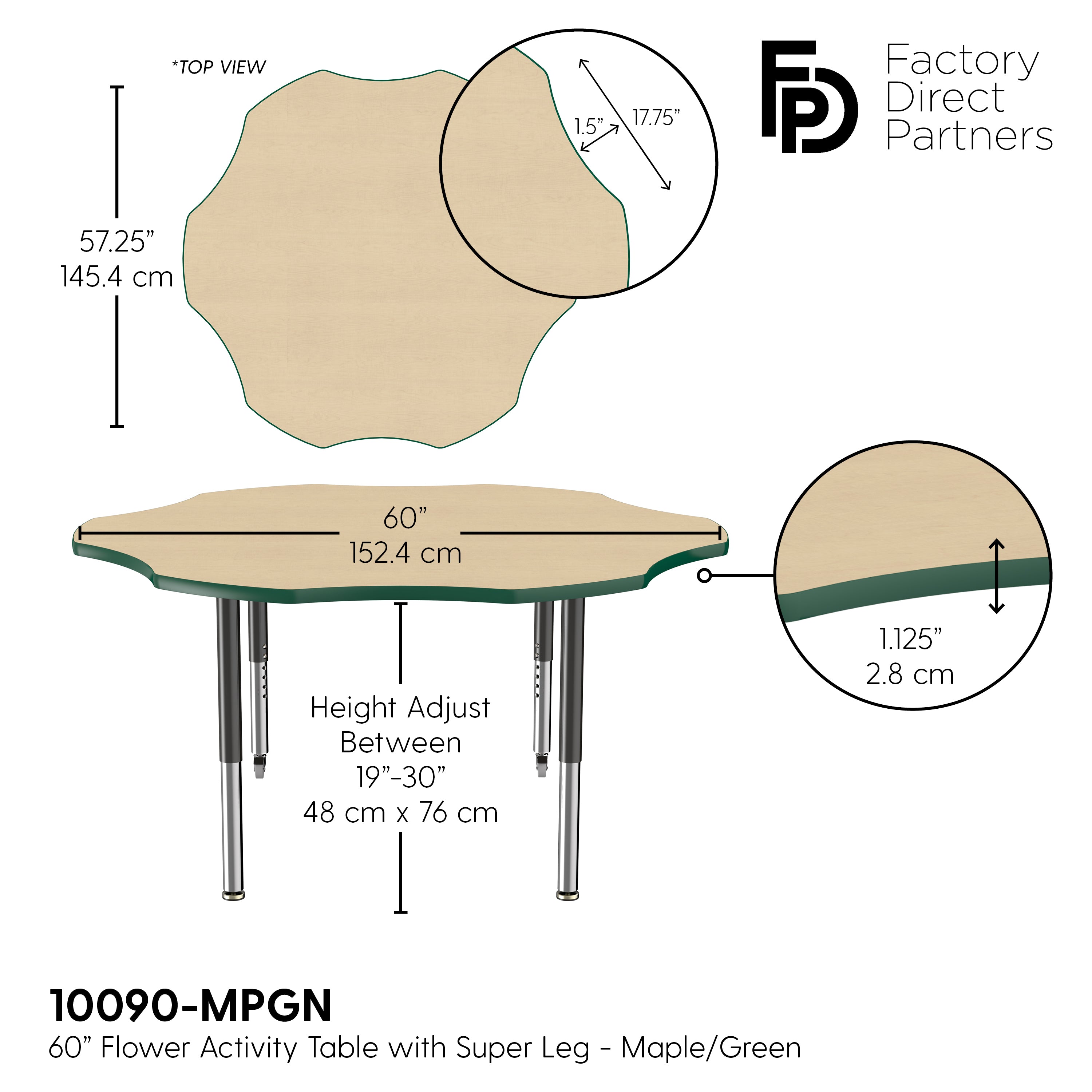 60" x 60" Flower T-Molding Activity Table with Adjustable Super Legs - Maple/Green/Black