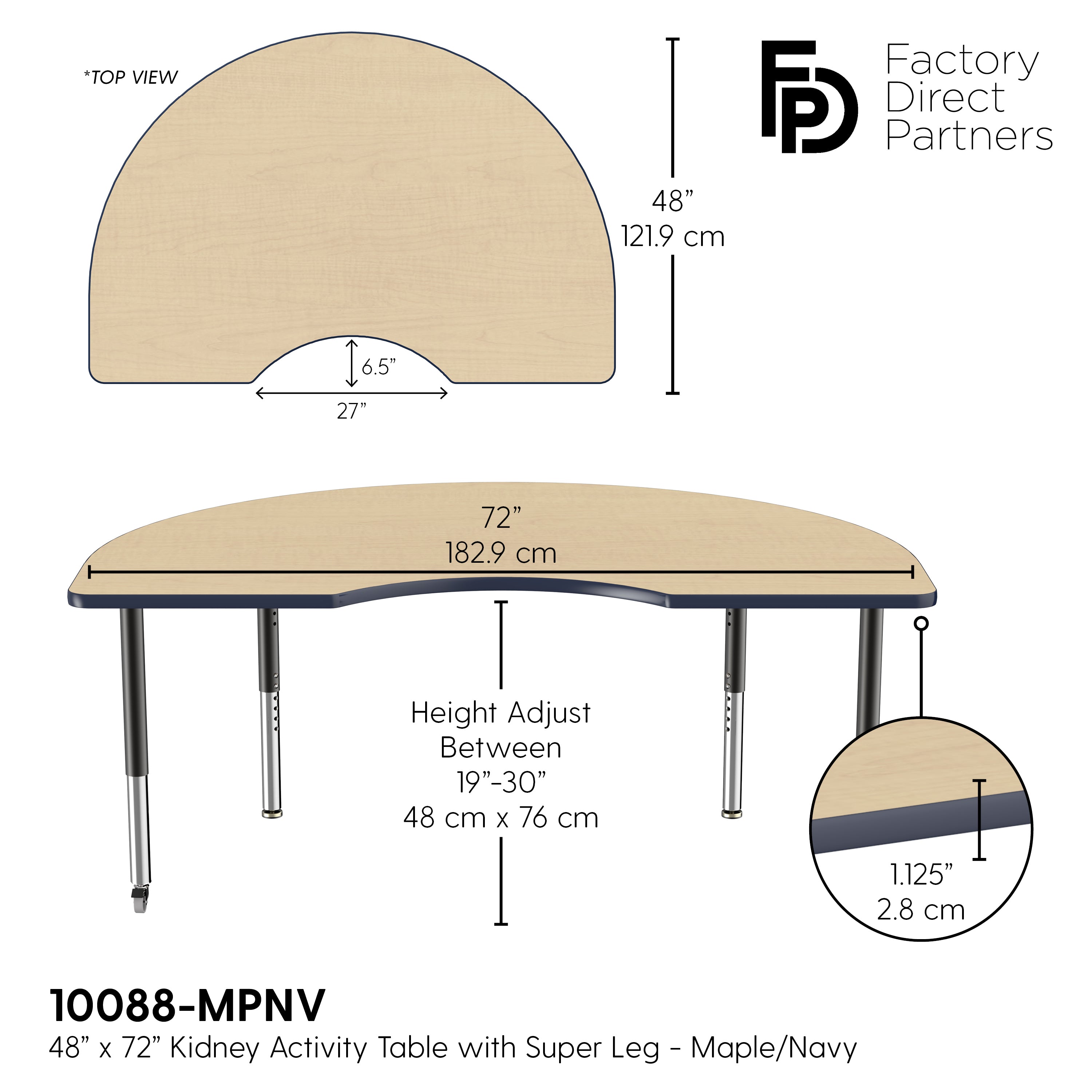 48" x 72" Kidney T-Molding Activity Table with Adjustable Super Legs - Maple/Navy/Black
