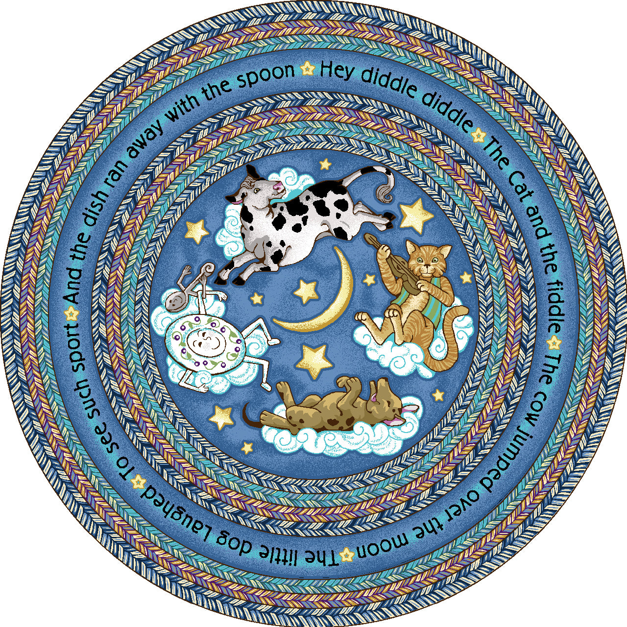 Hey Diddle Diddle 7'7" Round area rug in color Blue