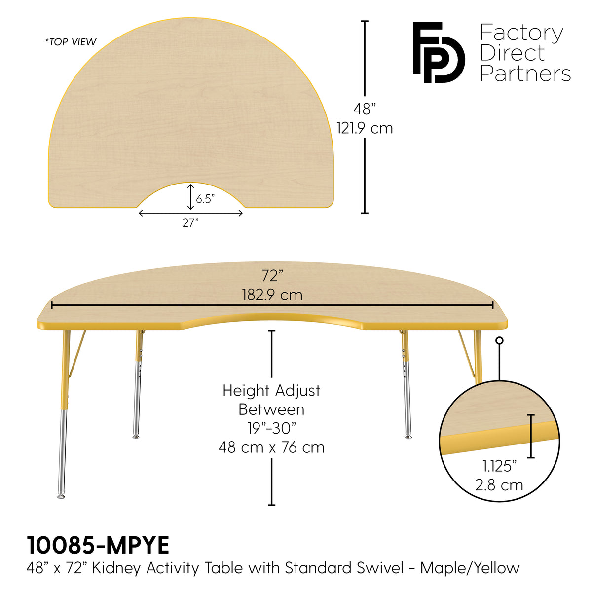 48" x 72" Kidney T-Molding Activity Table with Adjustable Standard Swivel Glide Legs - Maple/Yellow