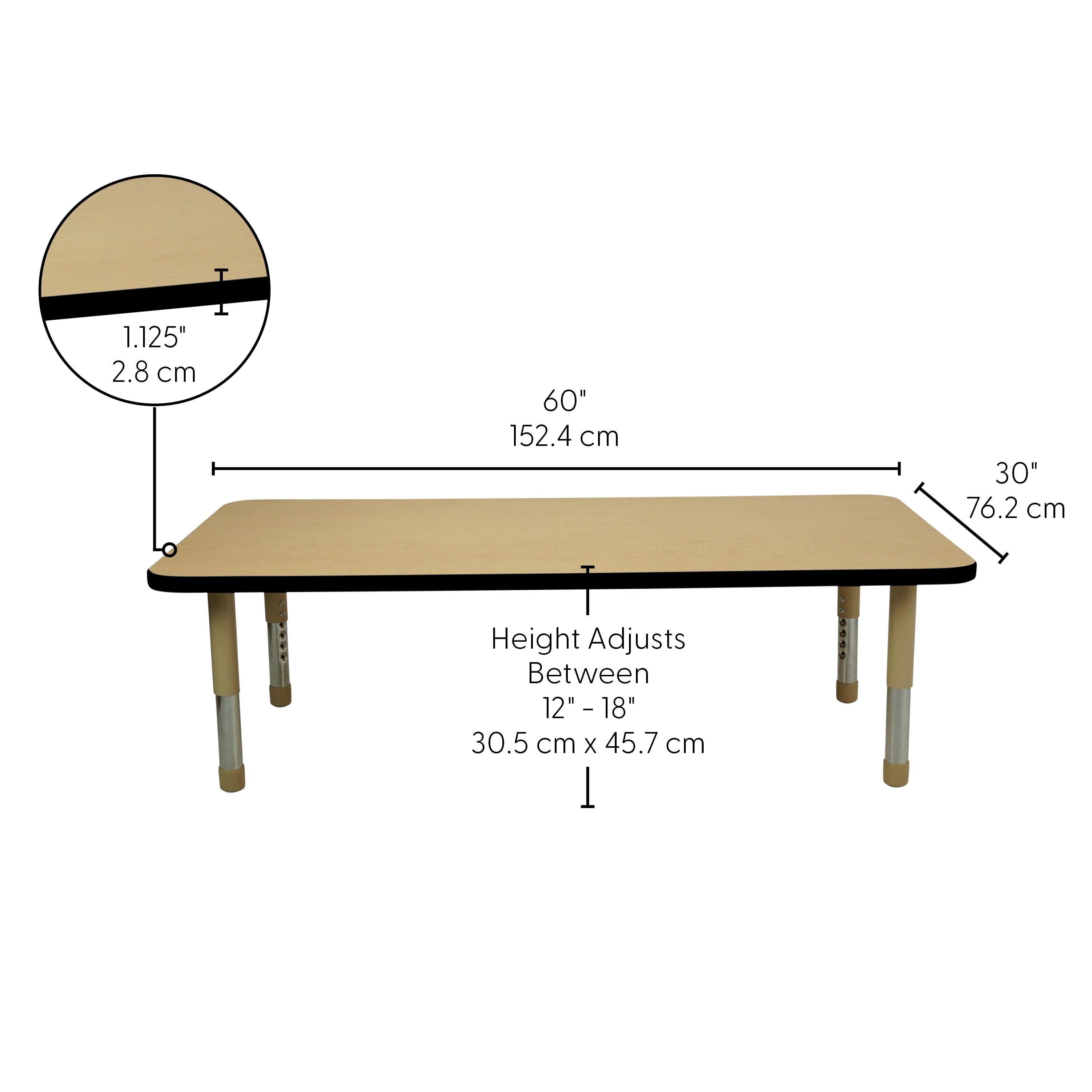 30" x 60" Rectangle T-Molding Activity Table with Adjustable Tiny Tot Legs - Maple/Black/Sand