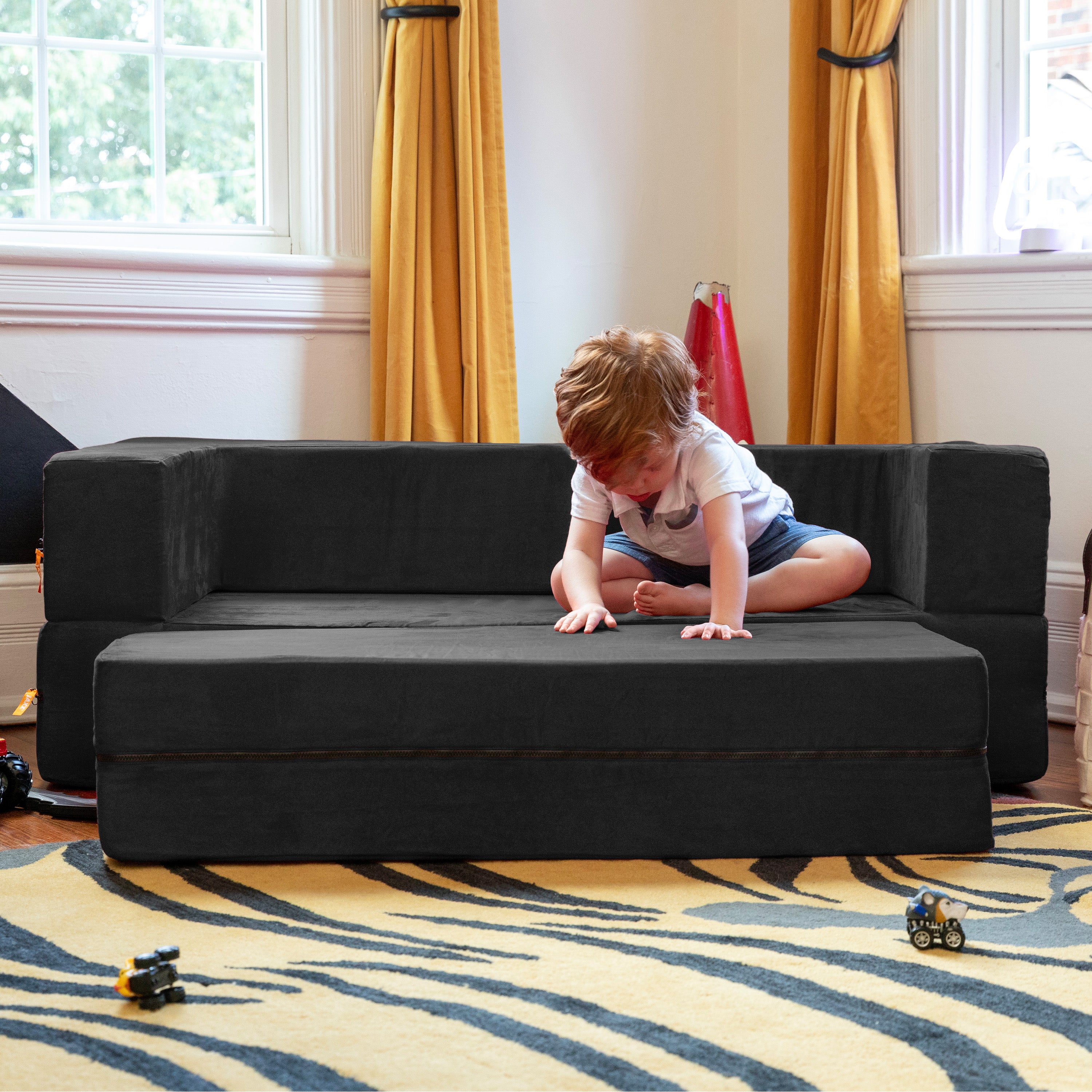Jaxx Zipline Kids Sofa & Large Ottoman, 3 in 1 Fold Out Sofa, Big Kids Edition, Black