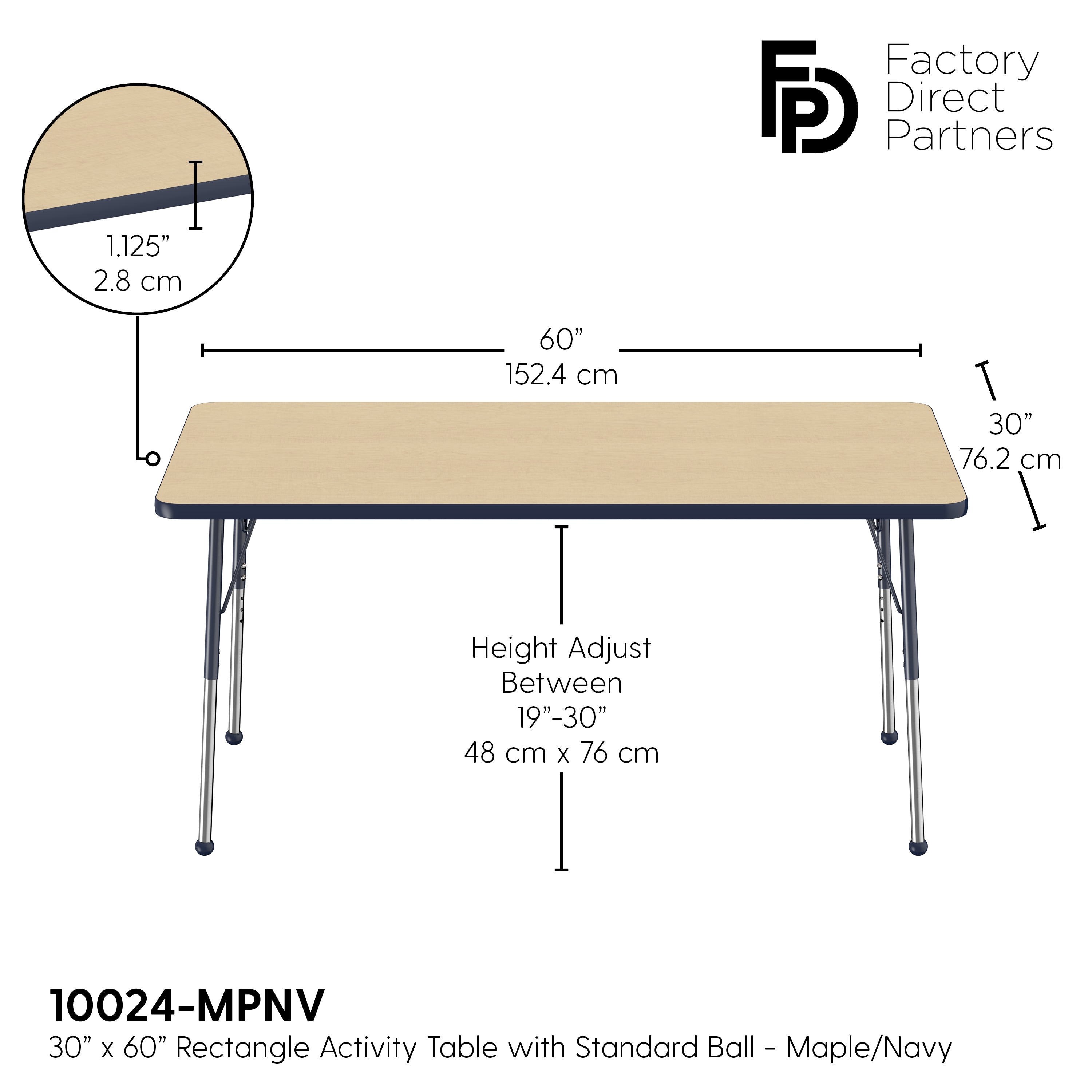 30" x 60" Rectangle T-Molding Activity Table with Adjustable Standard Ball Glide Legs - Maple/Navy