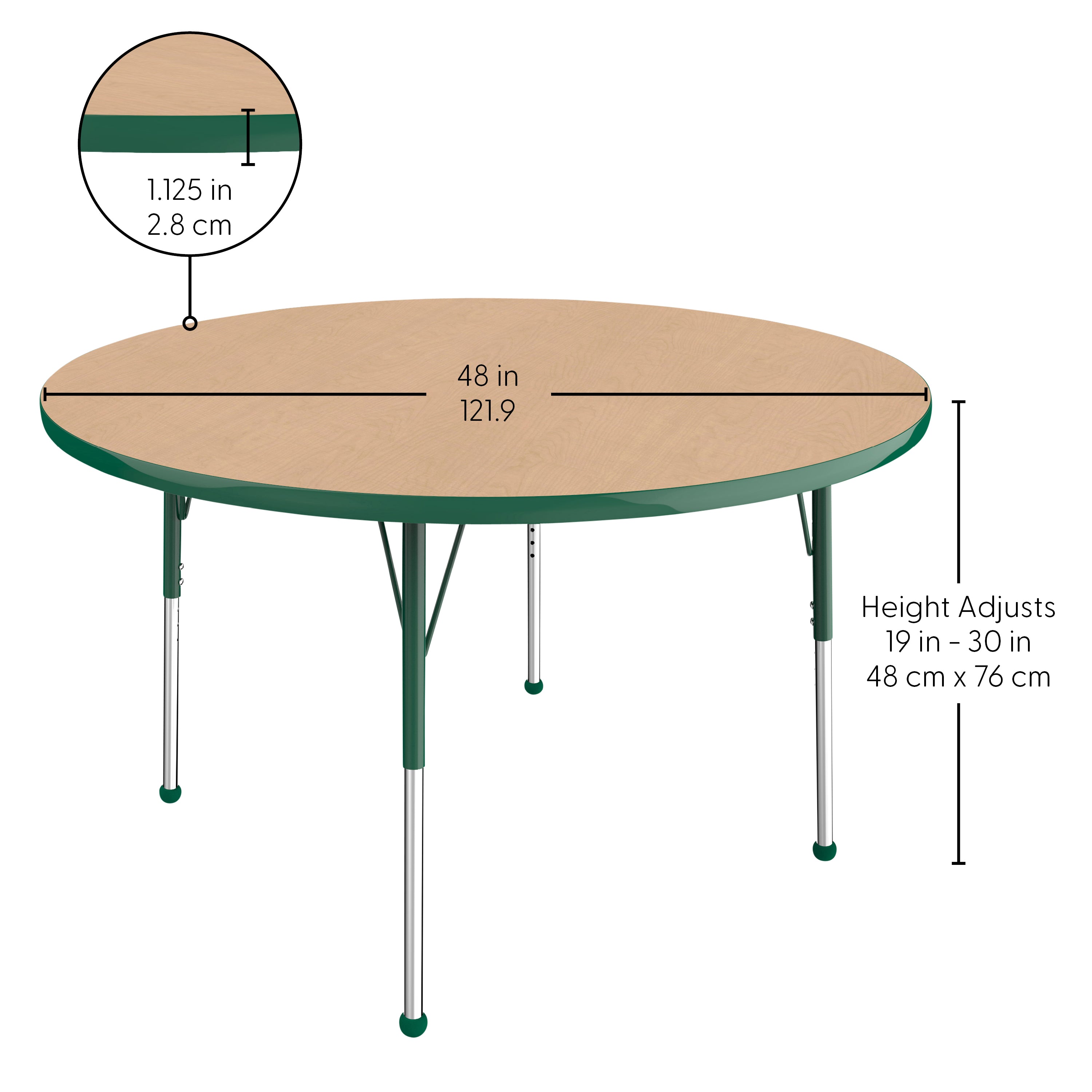 48" Round T-Molding Activity Table with Adjustable Standard Ball Glide Legs - Maple/Green