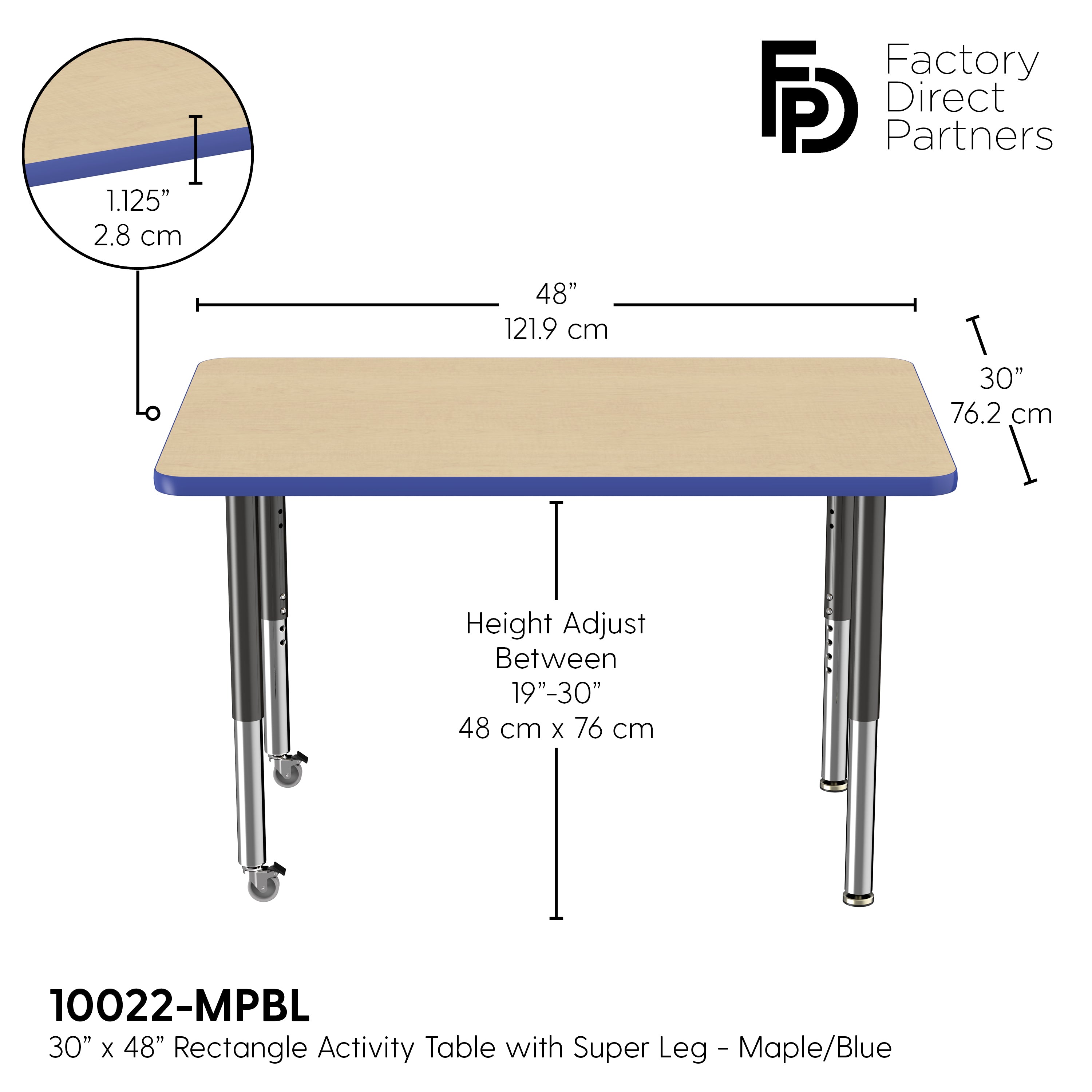 30" x 48" Rectangle T-Molding Activity Table with Adjustable Super Legs - Maple/Blue/Black