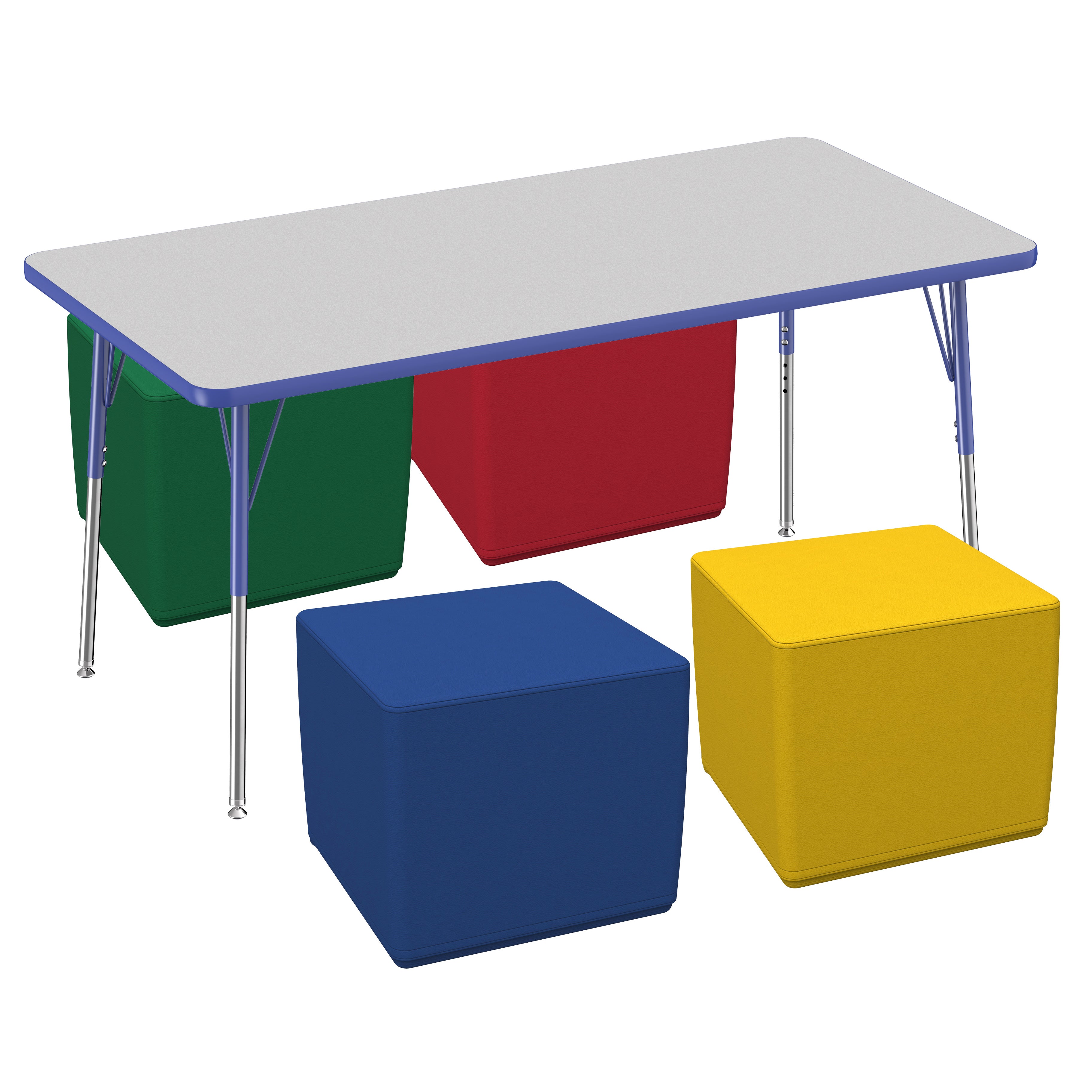 30" x 60" Rectangle T-Molding Activity Table with Standard Swivel Legs and Square Ottomans 16" Height, 5-Piece Set - Gray/Blue/Assorted