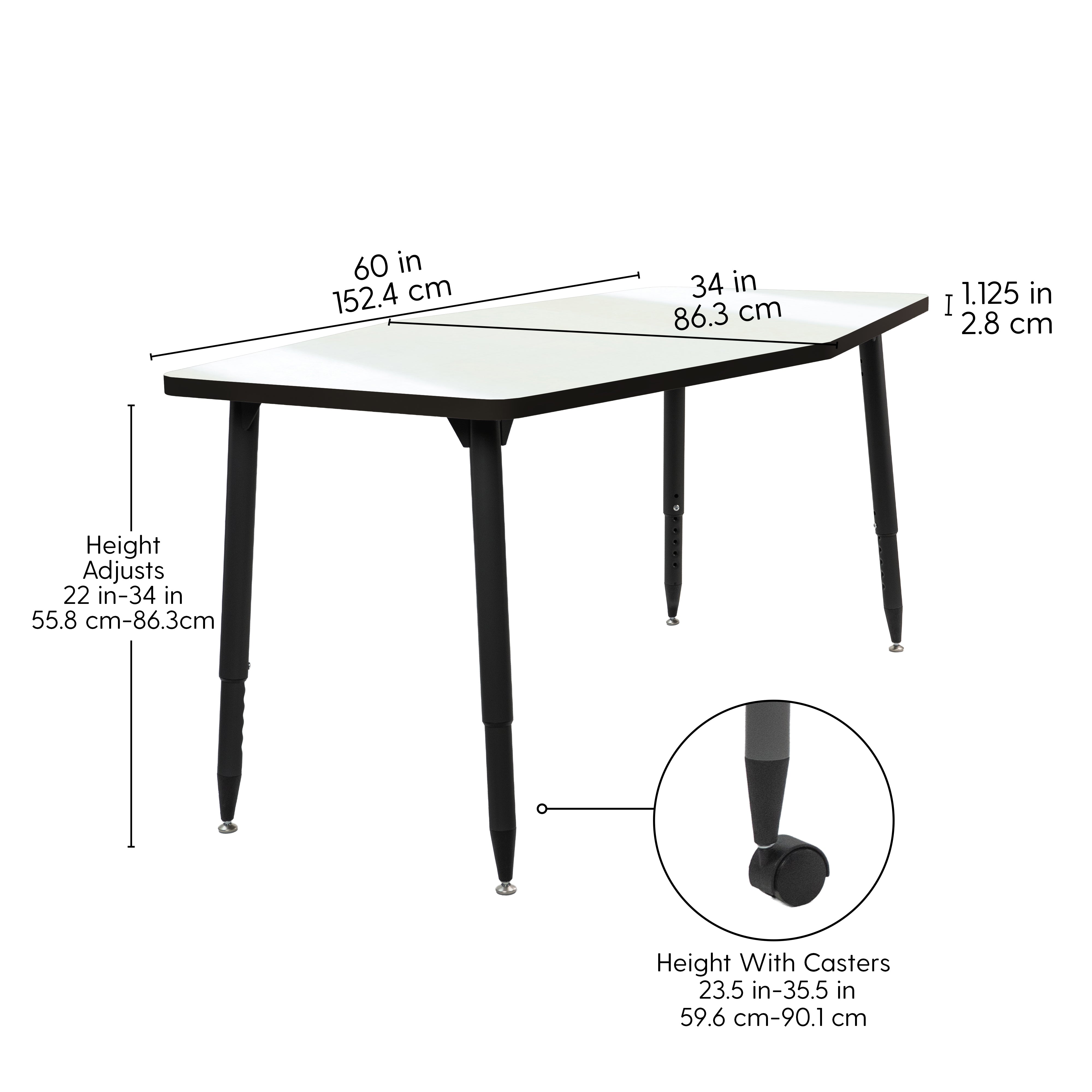Adapte 34" x 60" Long Hexagon Dry-Erase Activity Table with Adjustable Tapered Legs - Whiteboard/Black