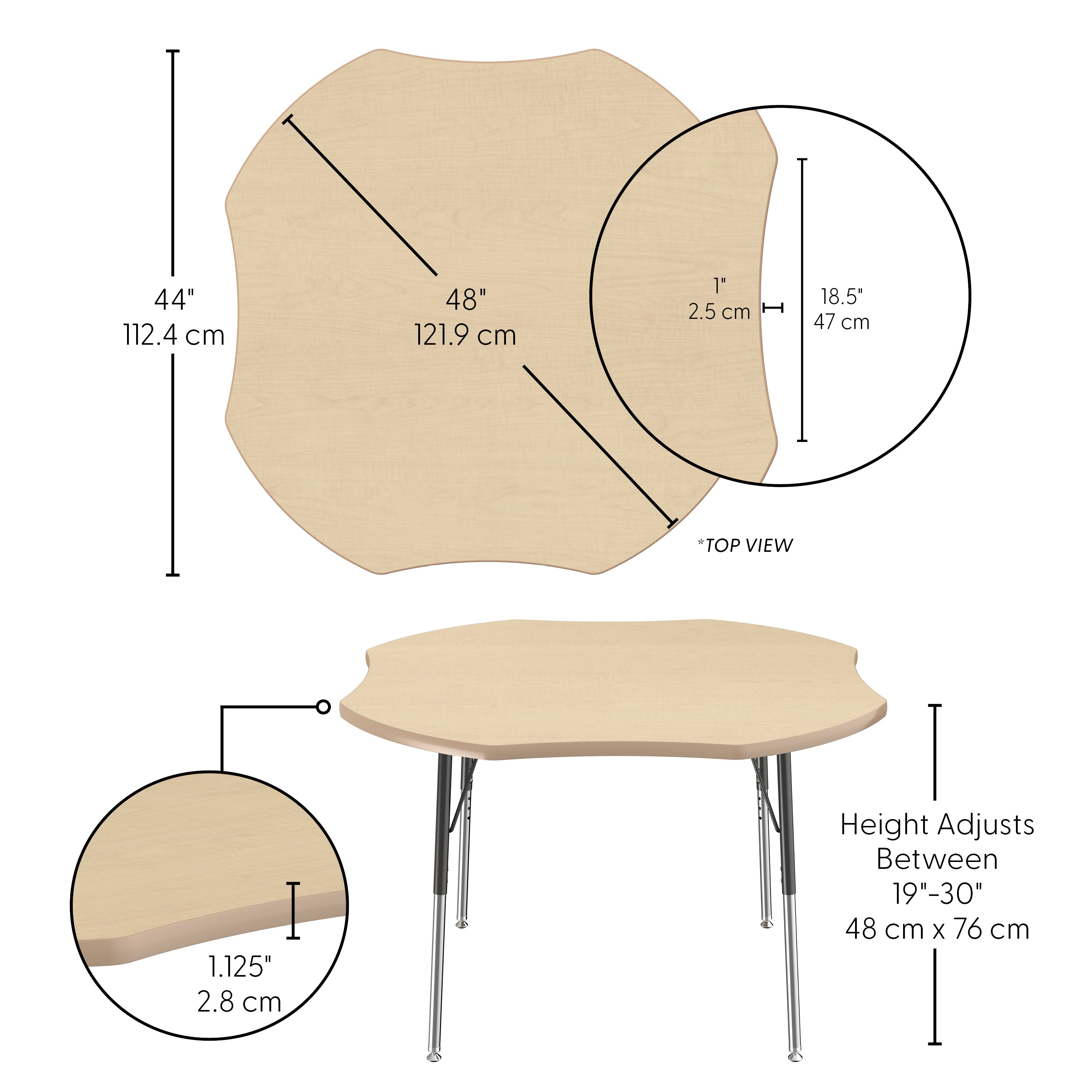 48" x 48" Clover T-Molding Activity Table with Adjustable Standard Swivel Glide Legs - Maple/Maple/Black