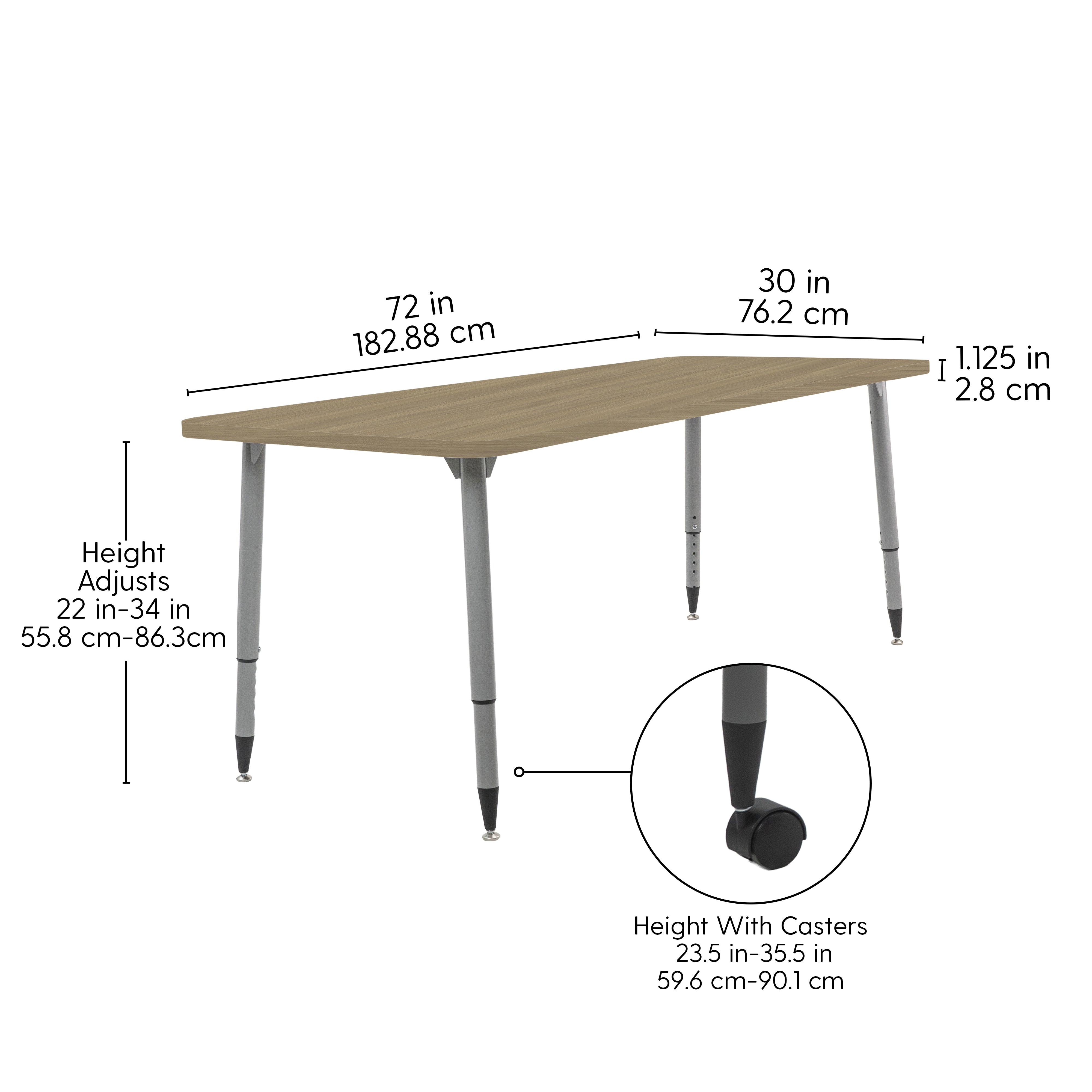 Adapte 30" x 72" Rectangle Woodgrain Activity Table with Adjustable Tapered Legs - Pasadena Oak/Silver