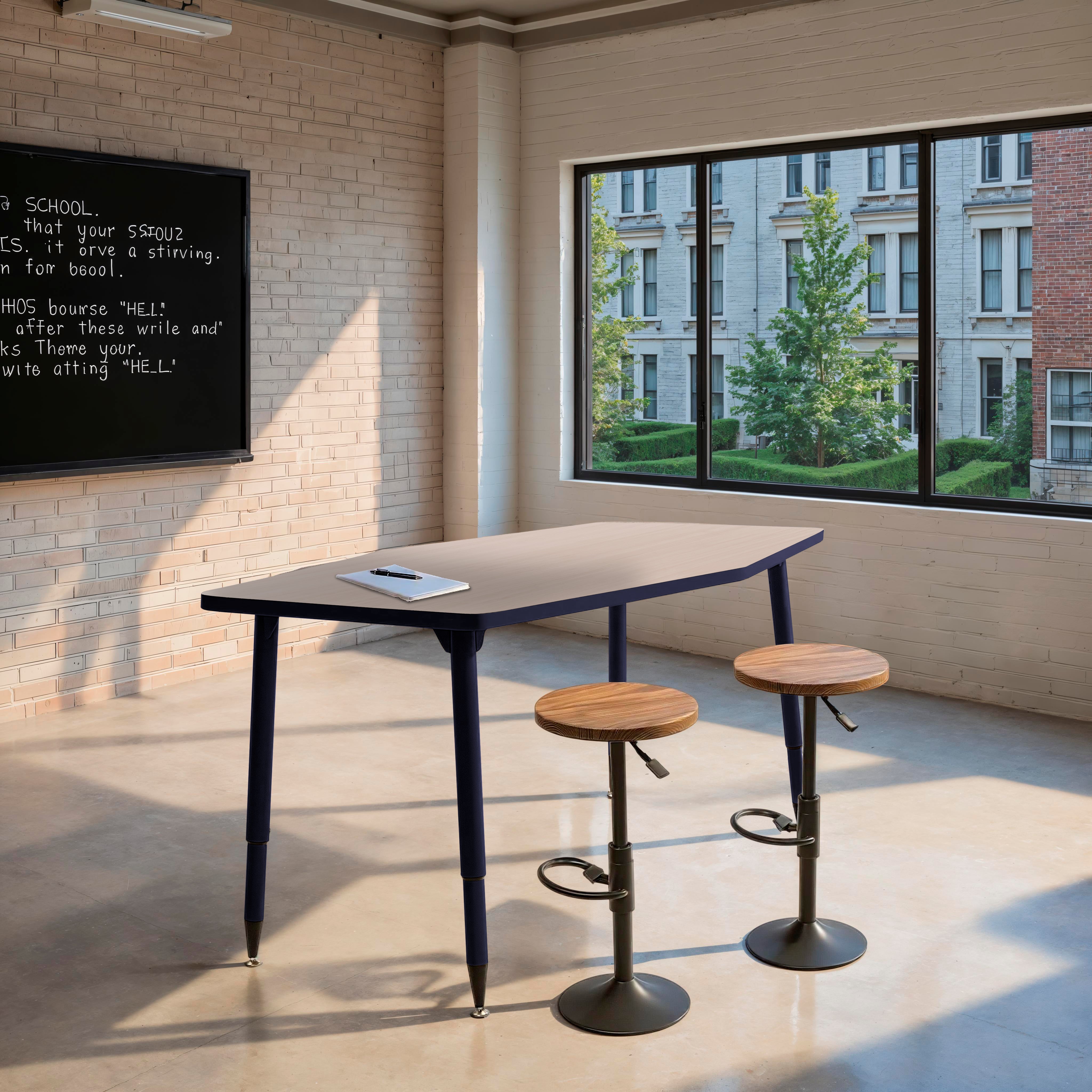 Adapte 34" x 60" Long Hexagon Thermofused Activity Table with Adjustable Tapered Legs - Asian Sand/Navy