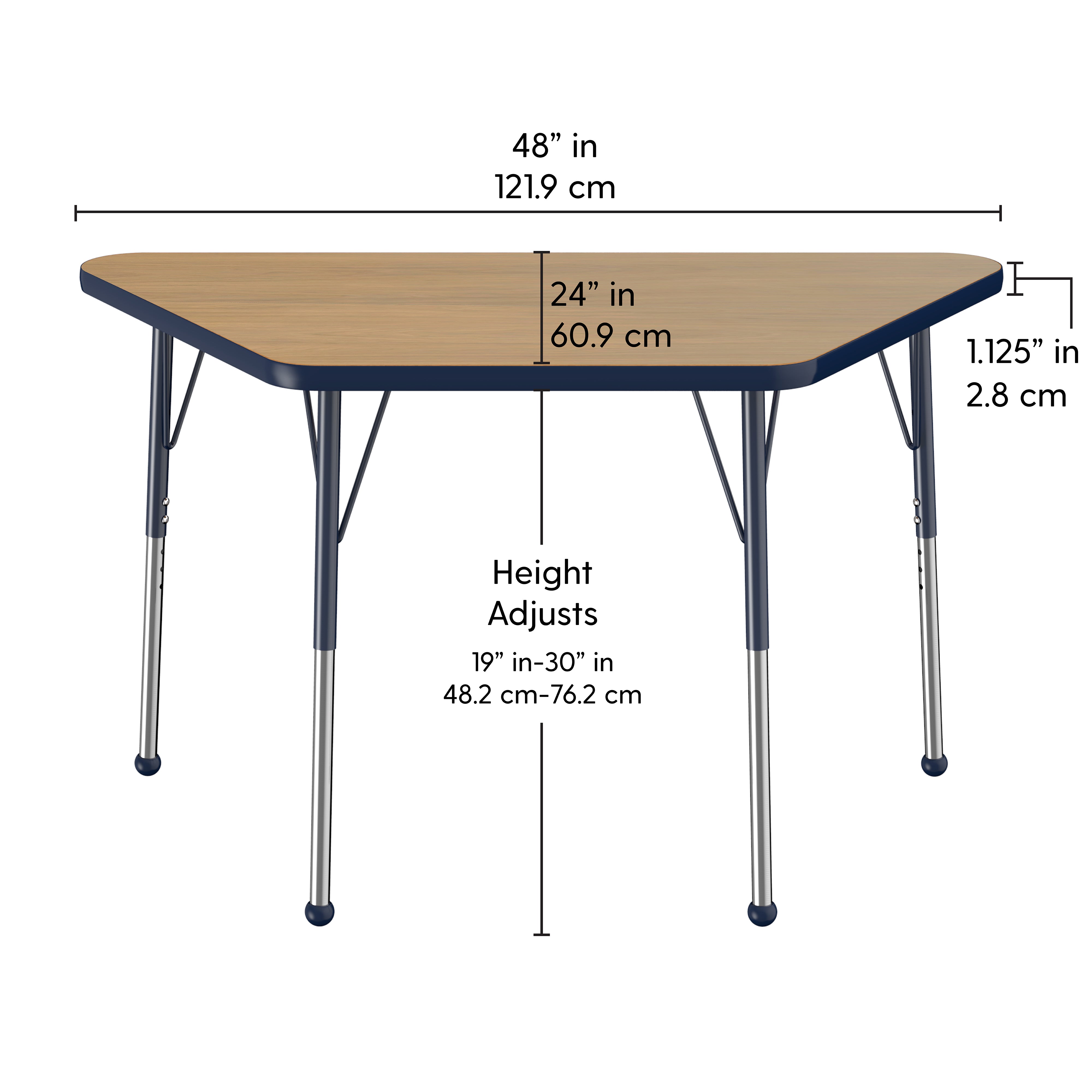 24" x 48" Trapezoid T-Molding Activity Table with Adjustable Standard Ball Glide Legs - Pasadena Oak/Navy