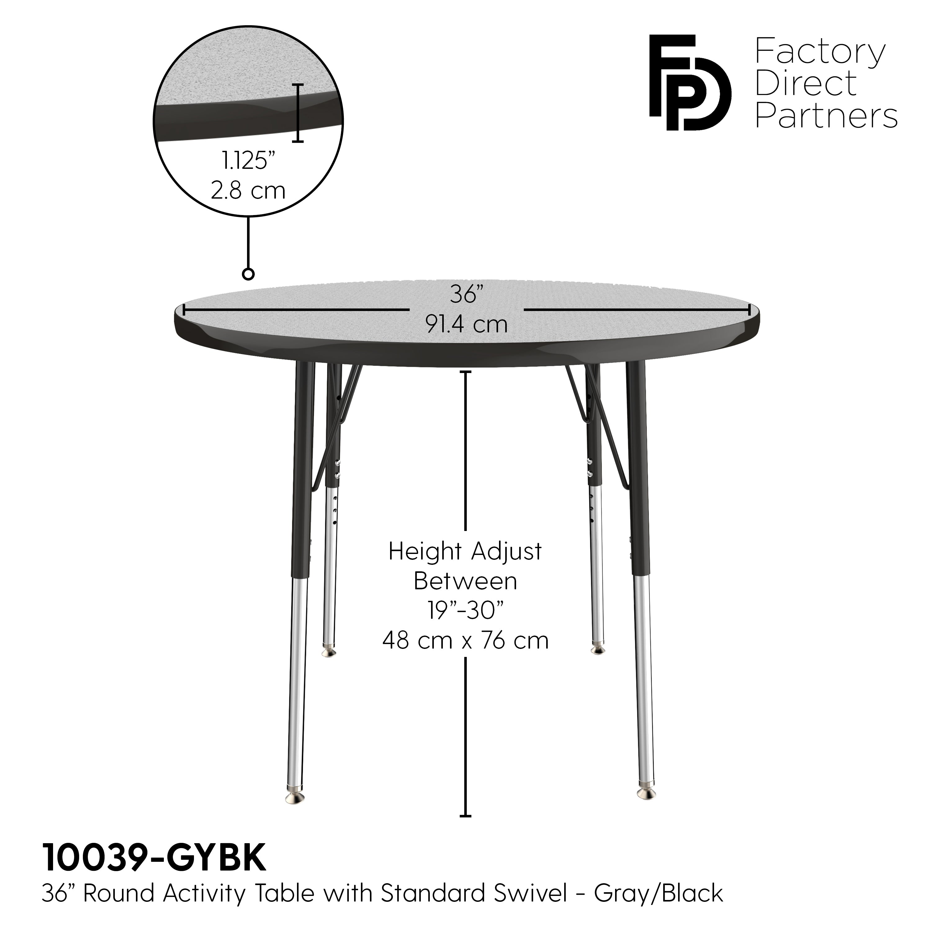 36" Round T-Molding Activity Table with Adjustable Standard Swivel Glide Legs - Gray/Black