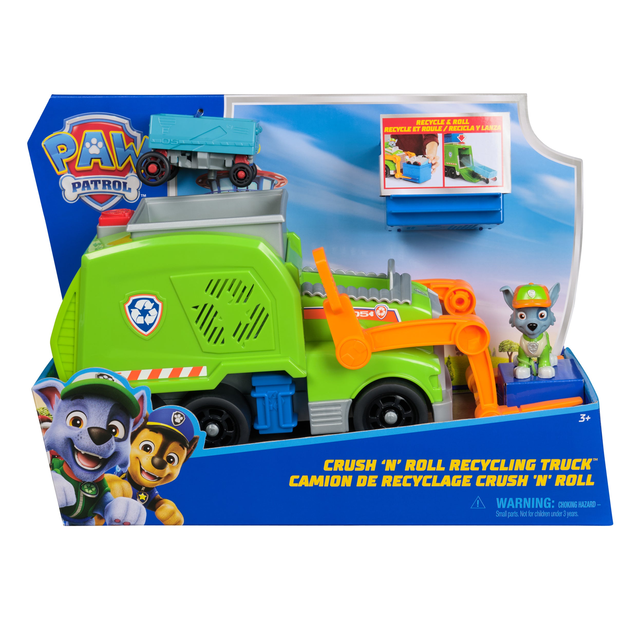 PAW Patrol: Crush N’ Roll Recycling Truck with Rocky Action Figure & Transforming Compacted Trash Vehicle, Kids Toys for Boys & Girls Ages 3 and up