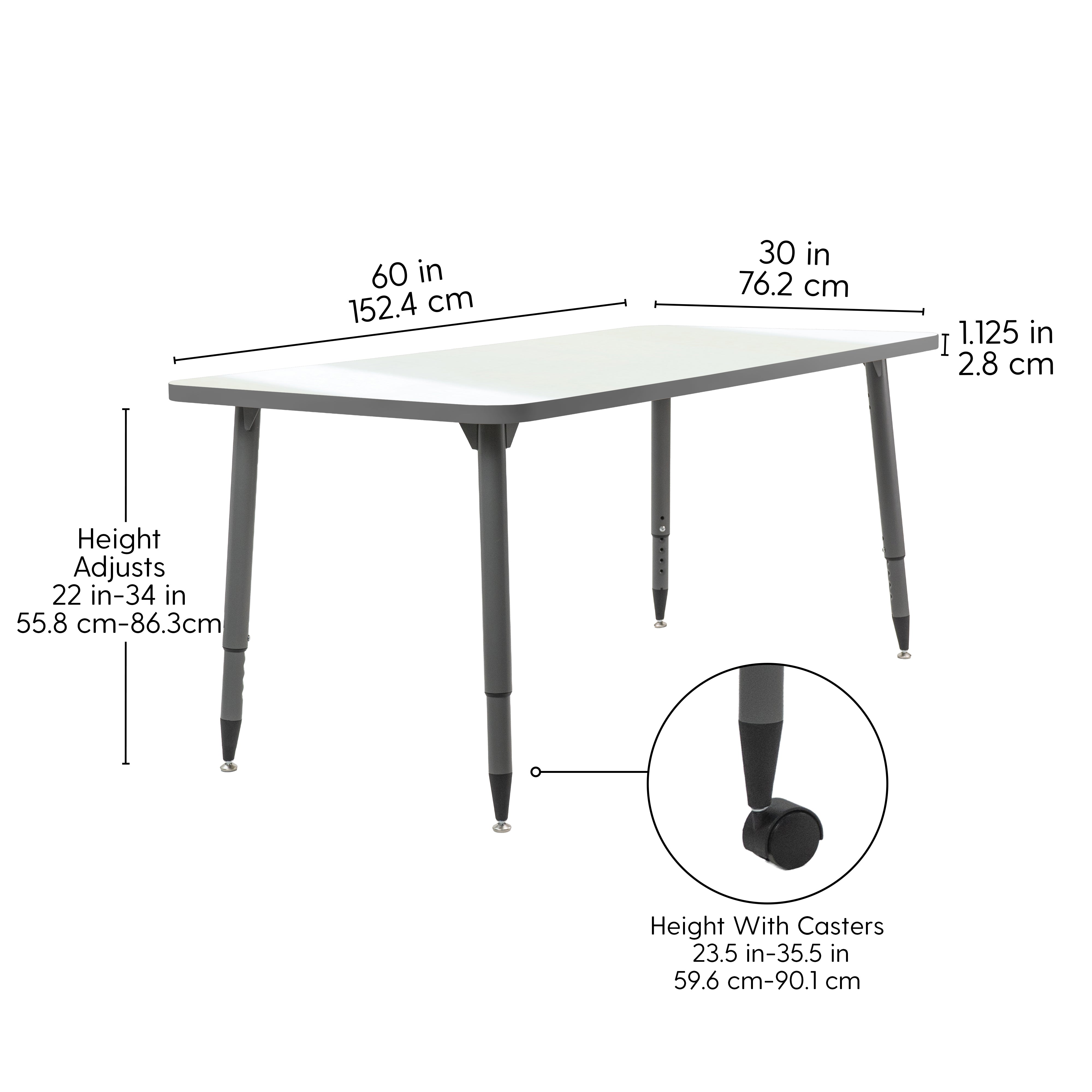 Adapte 30" x 60" Rectangle Dry-Erase Activity Table with Adjustable Tapered Legs - Whiteboard/North Sea