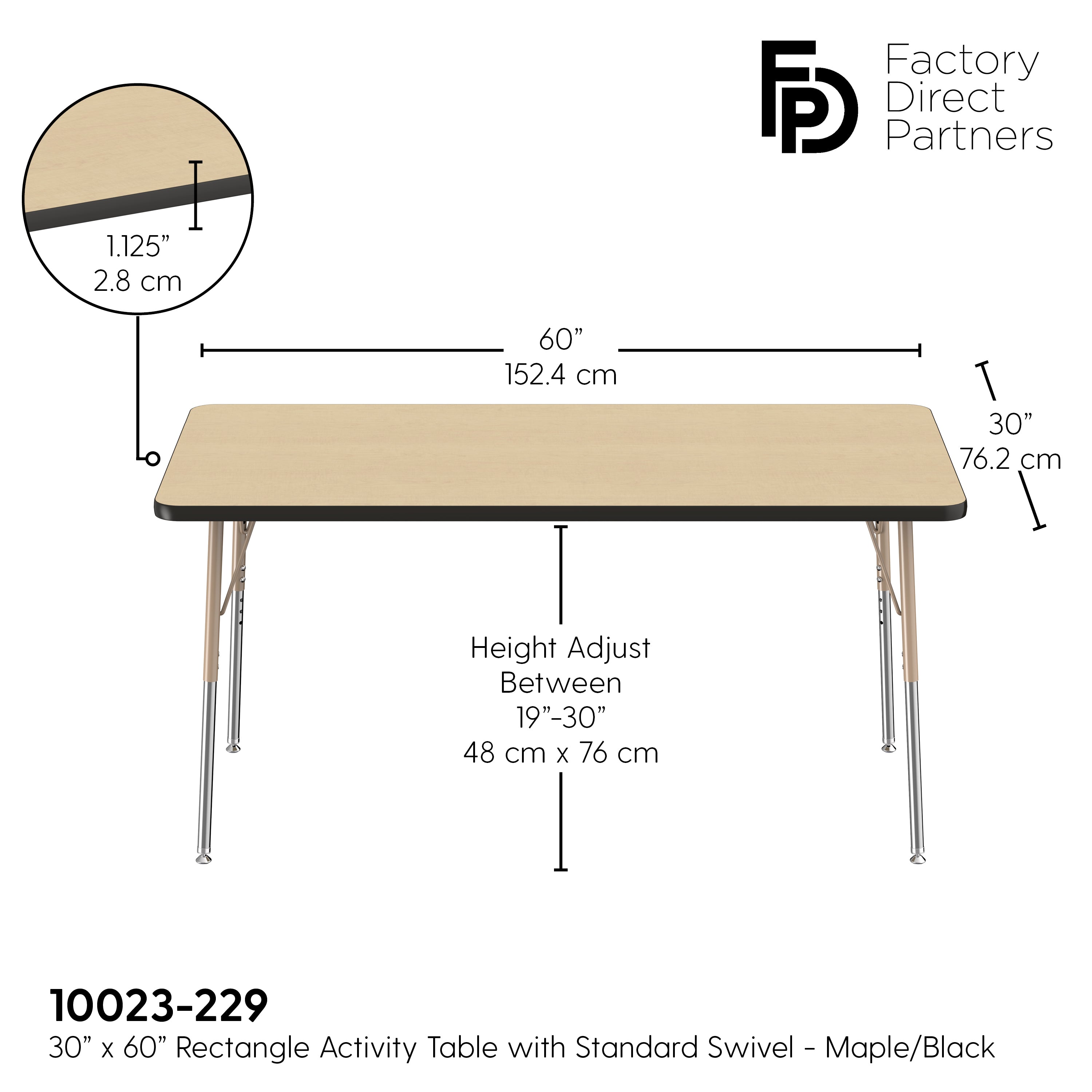 30" x 60" Rectangle T-Molding Activity Table with Adjustable Standard Swivel Glide Legs - Maple/Black/Sand