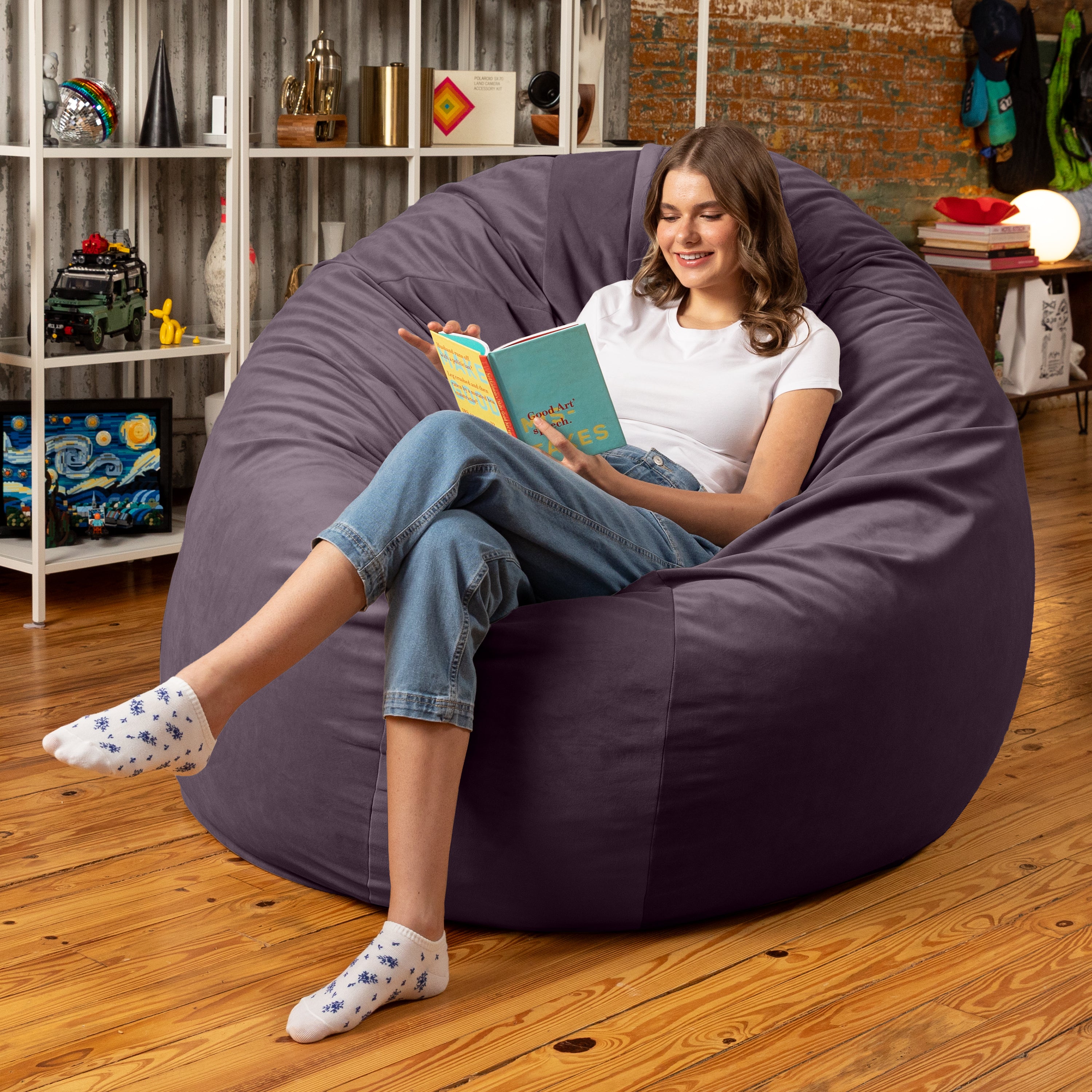 Jaxx 6 Foot Cocoon - 2-in-1 Convertible Bean Bag Bed & Large Bean Bag Chair for Adults, Premium Lush Velvet - Purple