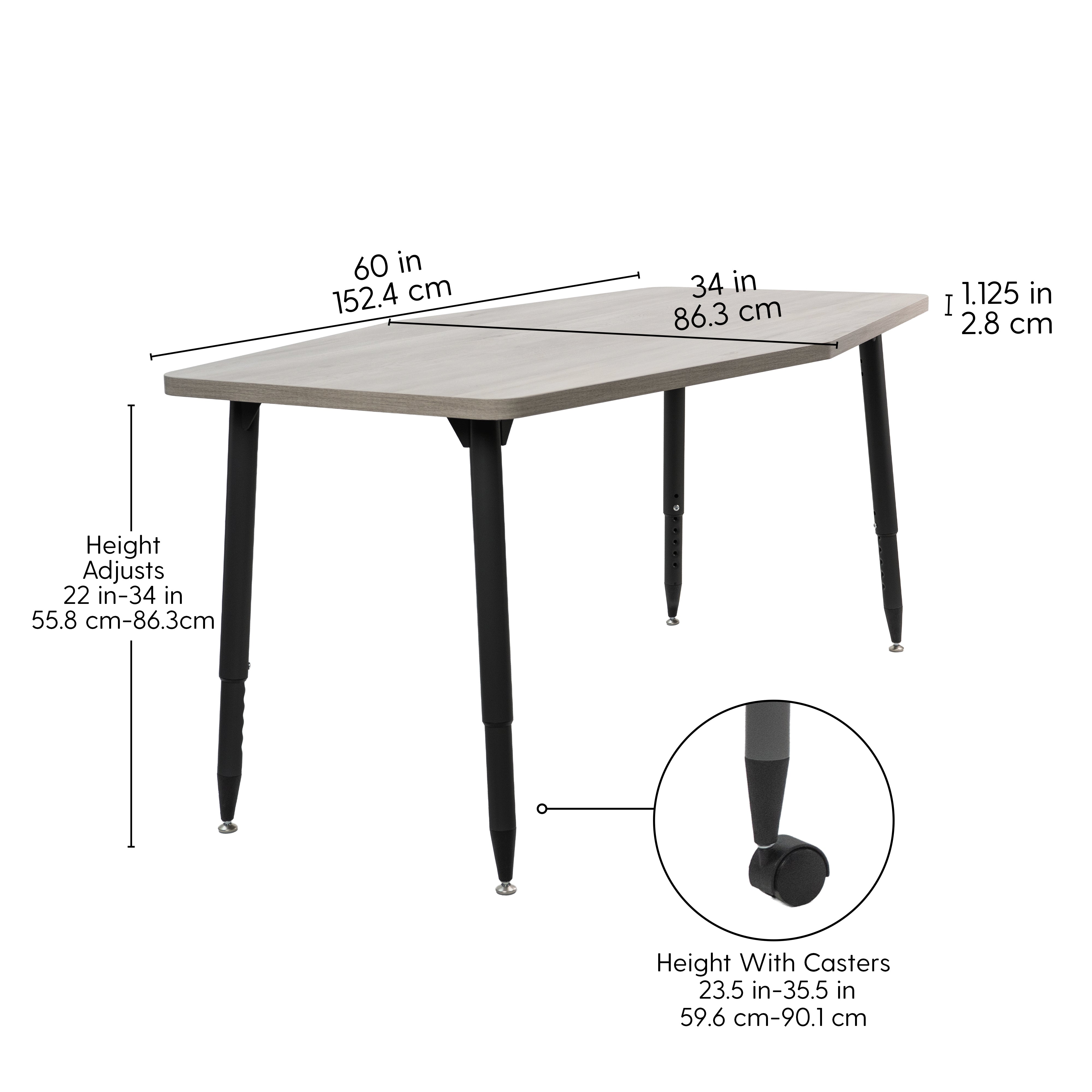 Adapte 34" x 60" Long Hexagon Woodgrain Activity Table with Adjustable Tapered Legs - Light Gray Wood/Black