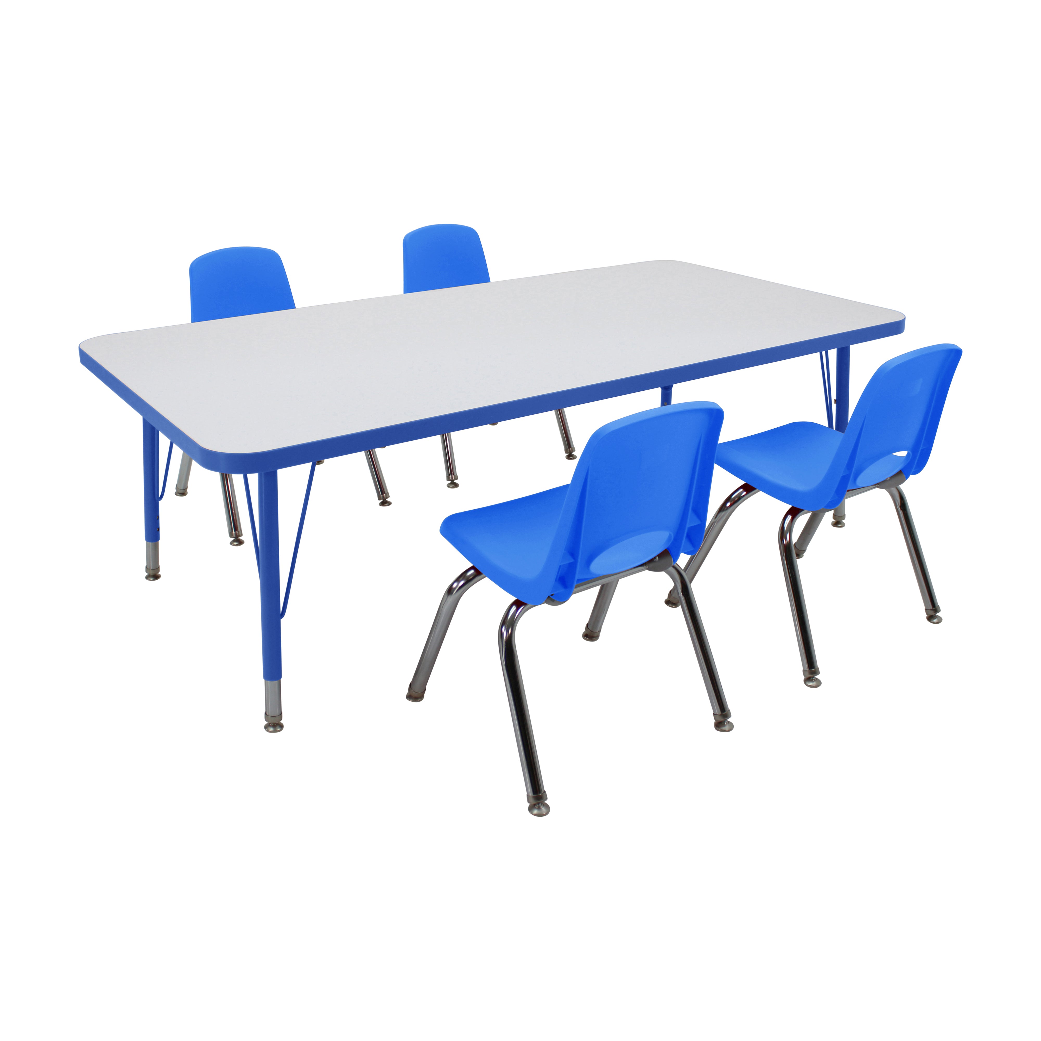 30" x 60" Rectangle Dry-Erase Activity Table with Standard Legs and 12" Stack Chairs with Swivel Glides, 5-Piece Set - Whiteboard/Blue