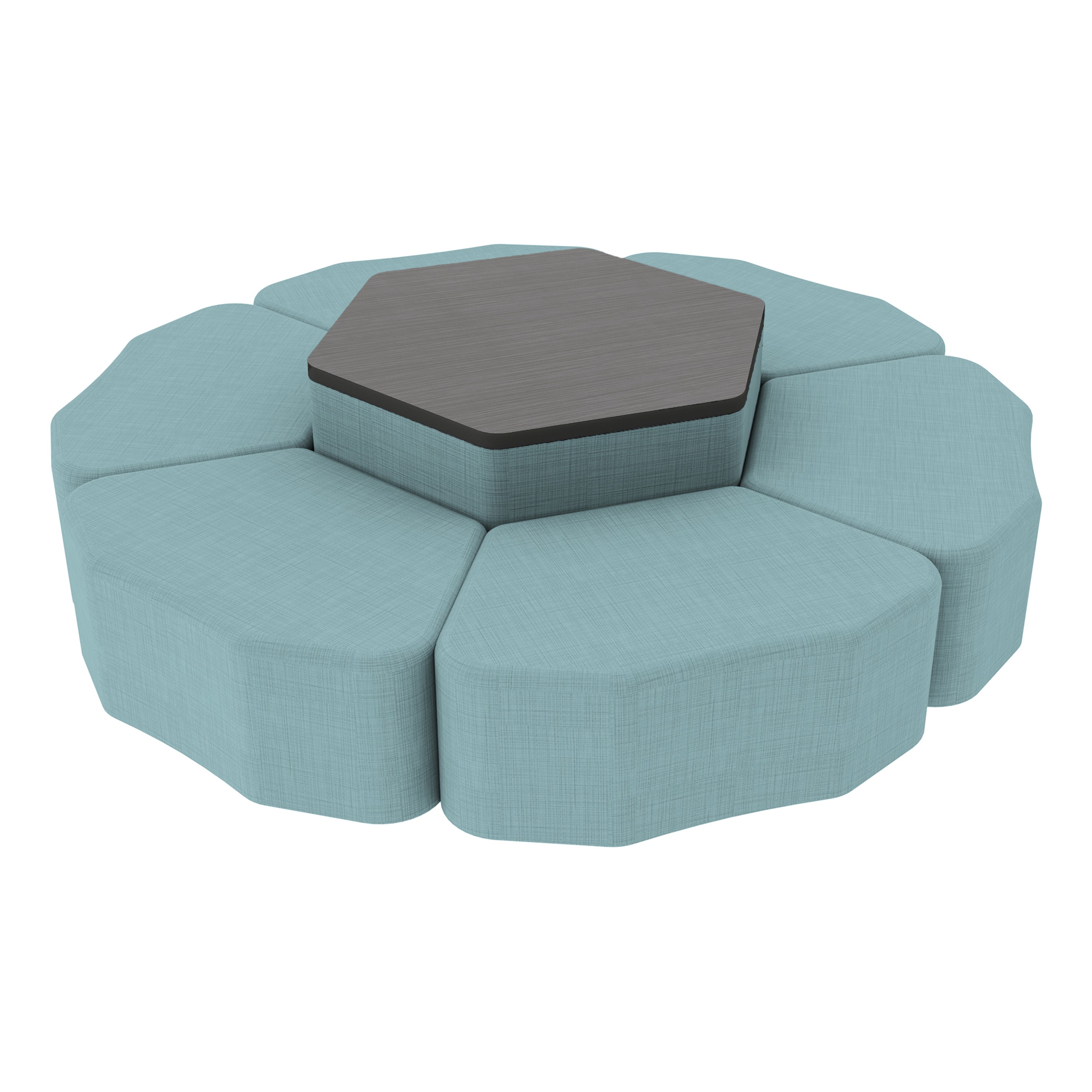 Pro Series Hexagon Ottoman Table with Petal 12" H Seating, 7-Piece Set - Sky Blue Crosshatch/Cosmic Strandz
