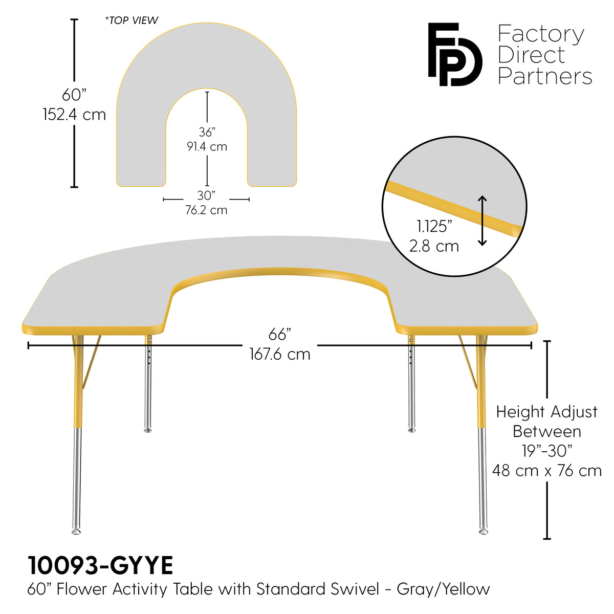 60" x 66" Horseshoe T-Molding Activity Table with Adjustable Standard Swivel Glide Legs - Gray/Yellow