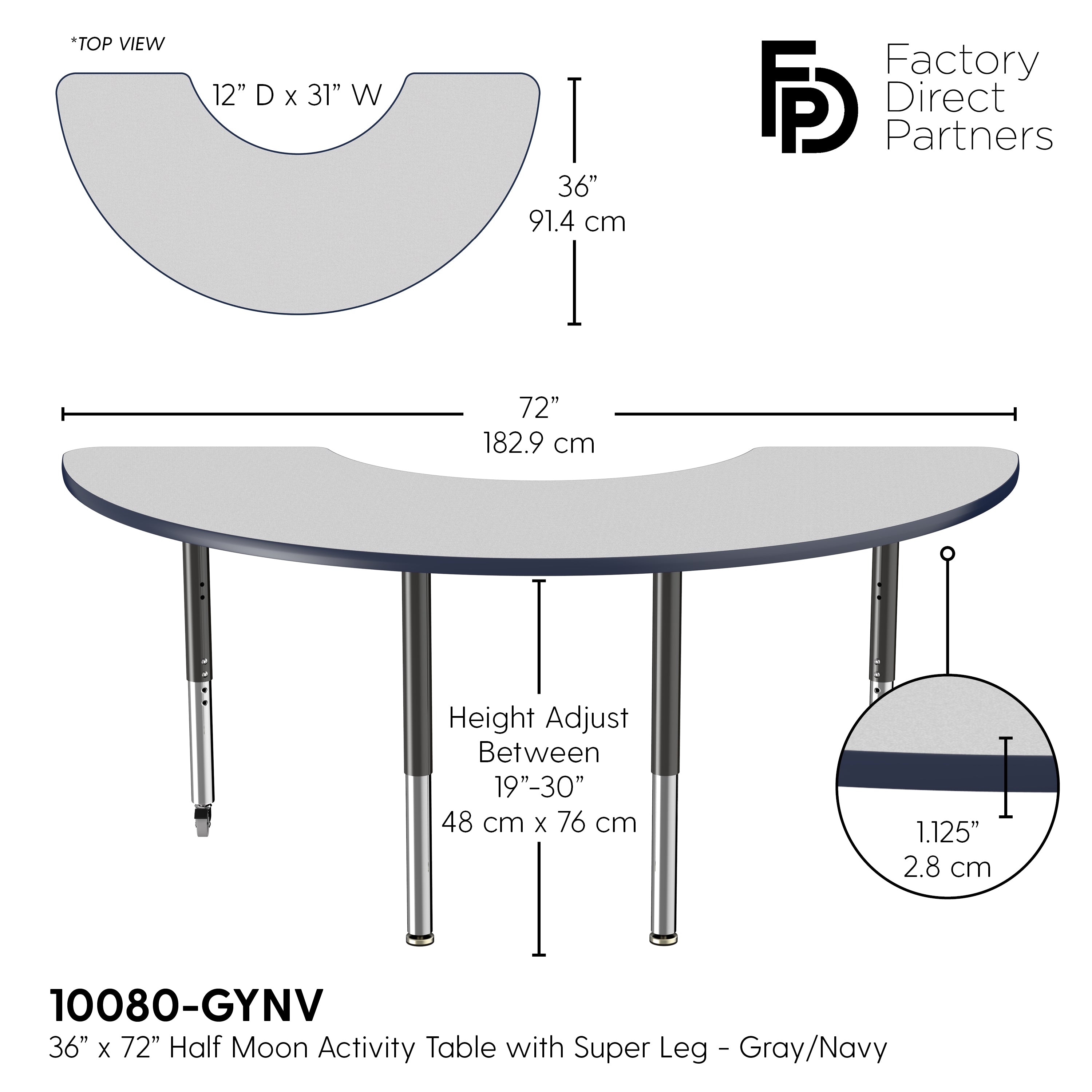 36" x 72" Half Moon T-Molding Activity Table with Adjustable Super Legs - Gray/Navy/Black