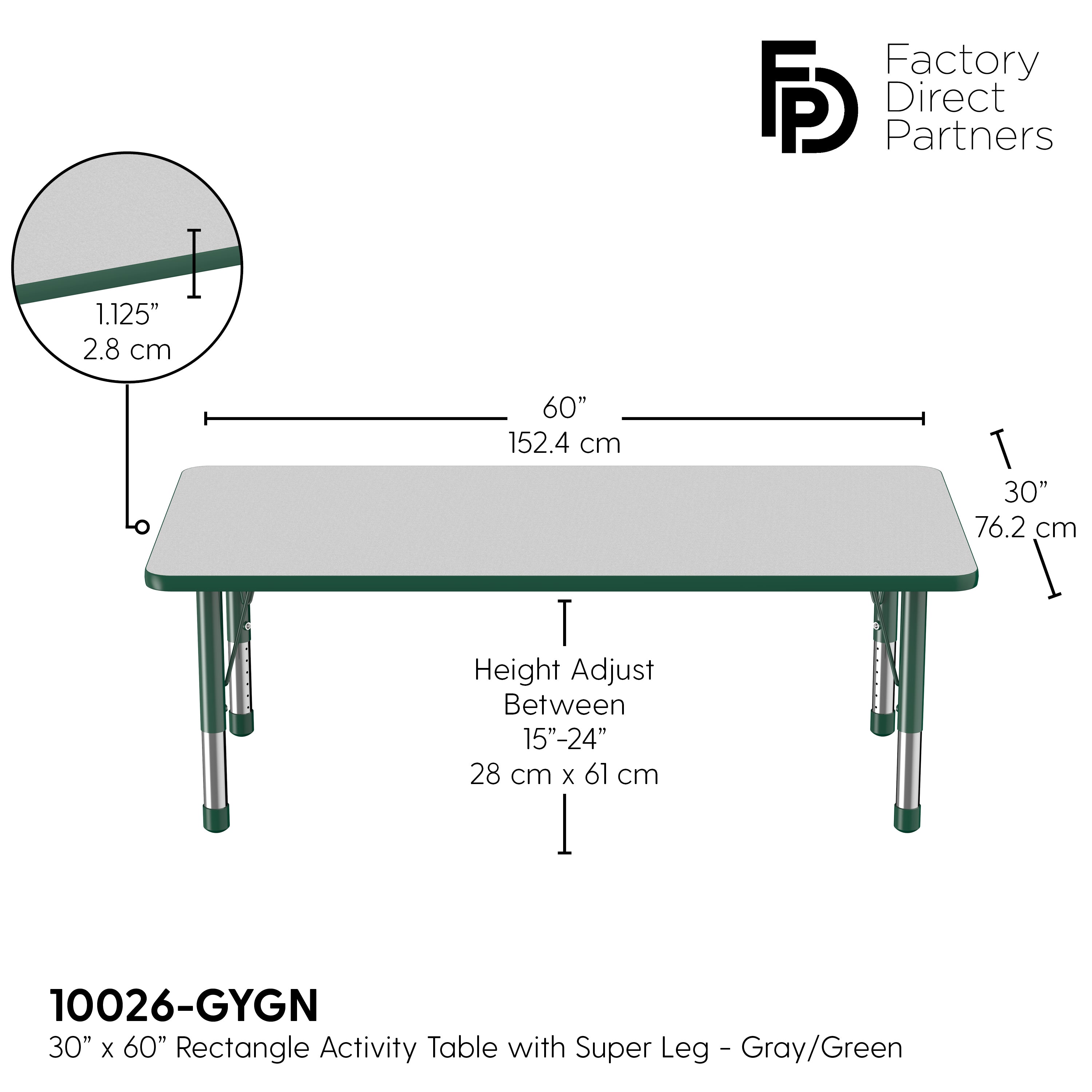 30" x 60" Rectangle T-Molding Activity Table with Adjustable Chunky Legs - Gray/Green