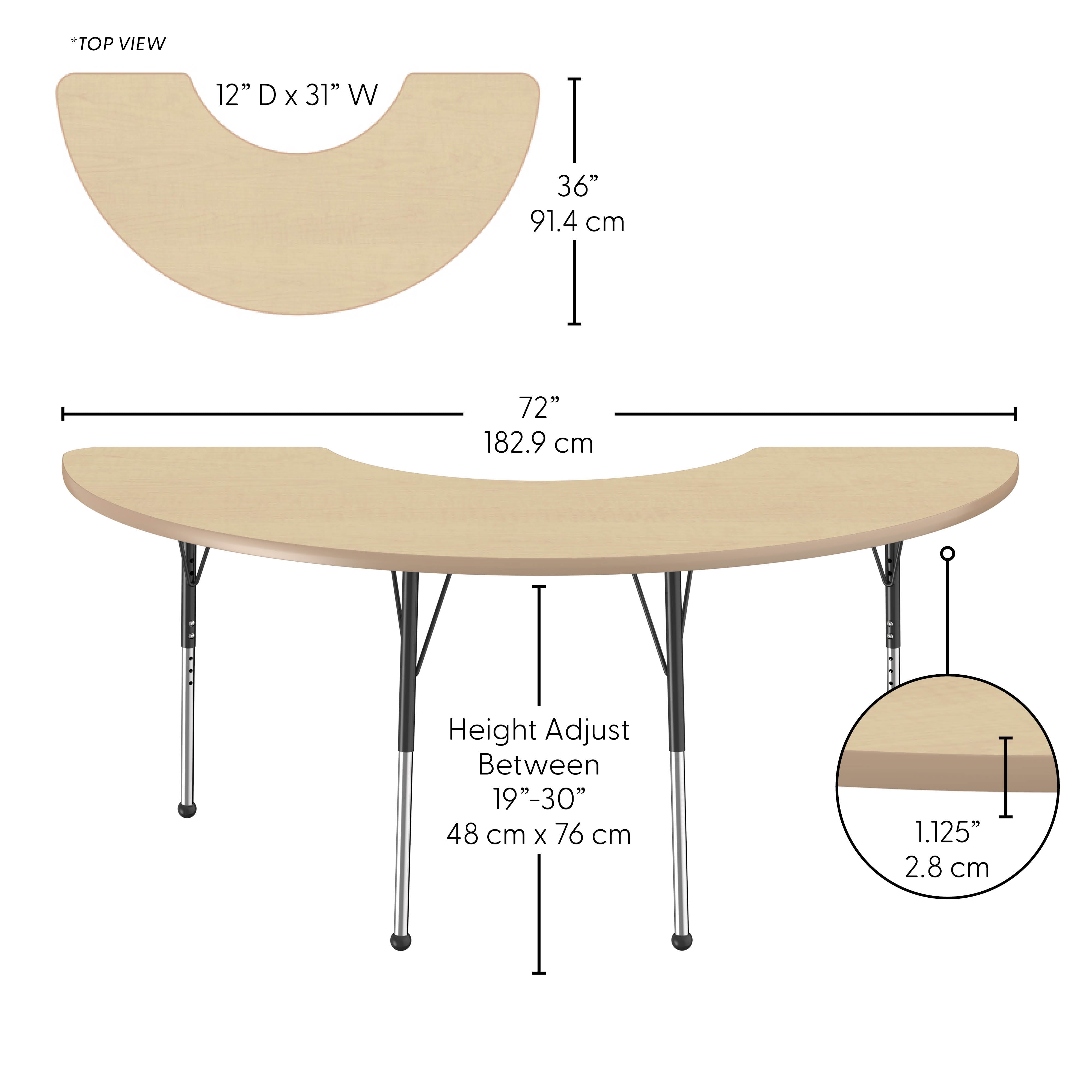 36" x 72" Half Moon Thermofused Activity Table with Adjustable Standard Ball Glide Legs - Maple/Maple/Black
